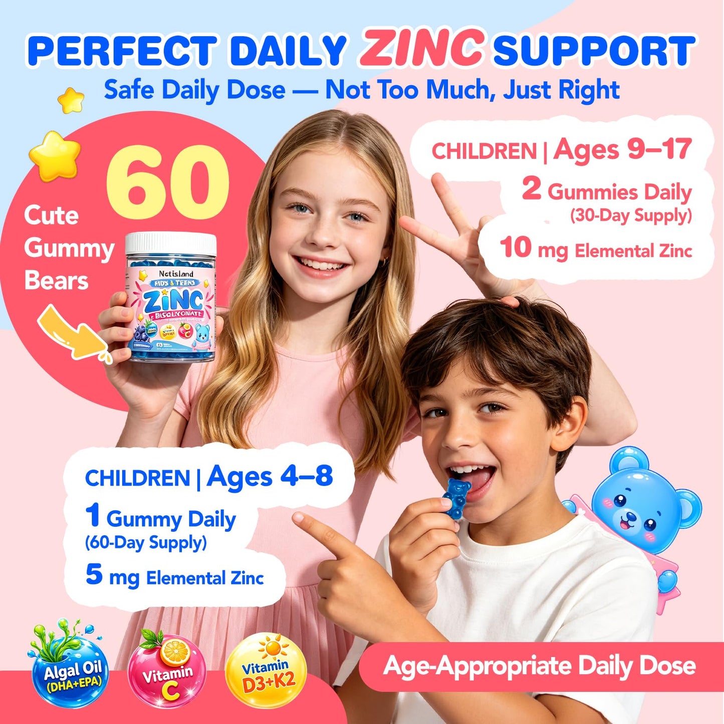 NATISLAND Zinc Bisglycinate Gummies for Kids & Teens 4+ - 60 Count