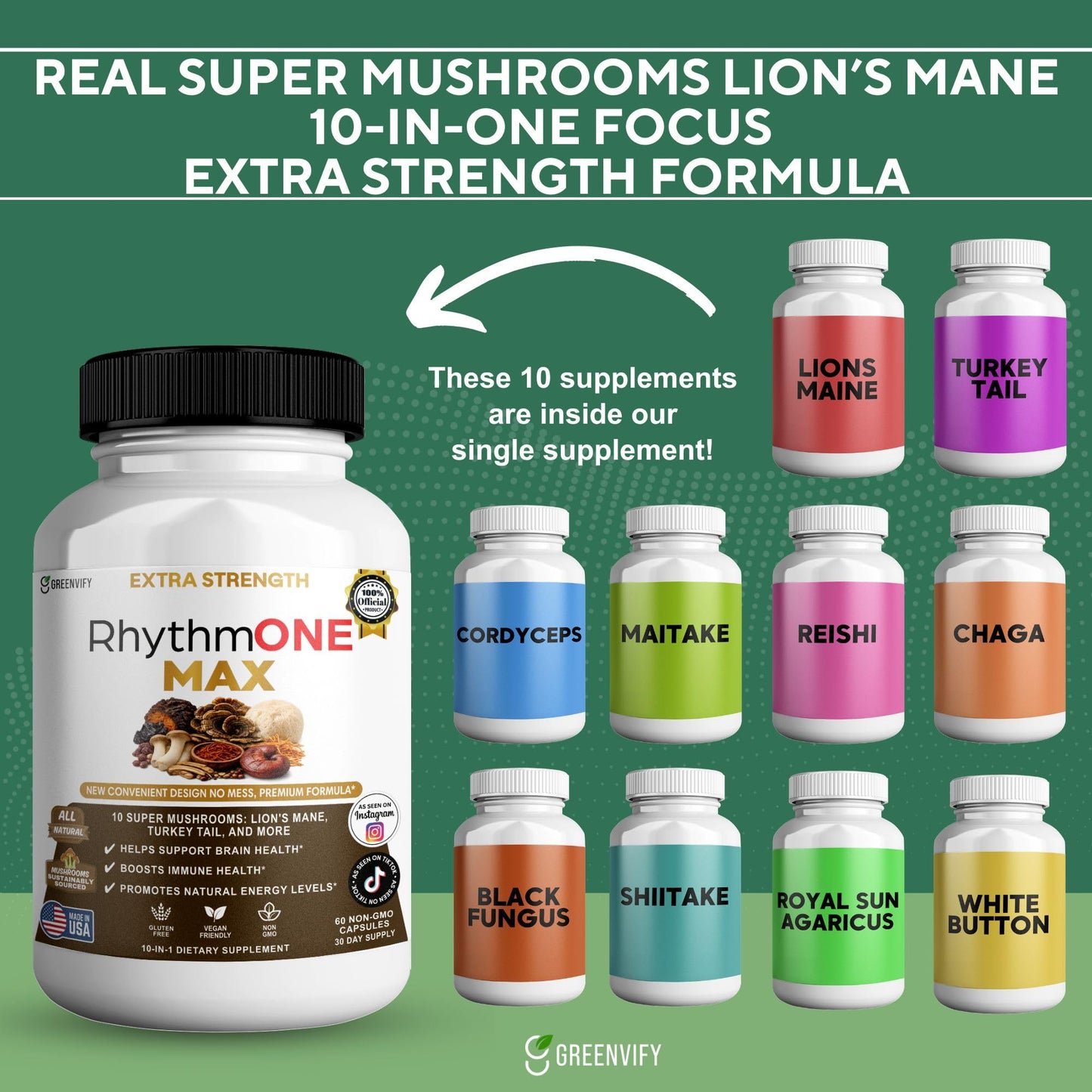 GREENVIFY RhythmONE MAX Mushroom Powder Blend 60 Capsules