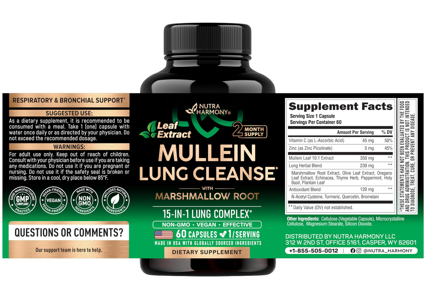 NUTRAHARMONY Mullein Leaf Extract & Lions Mane Capsules 180