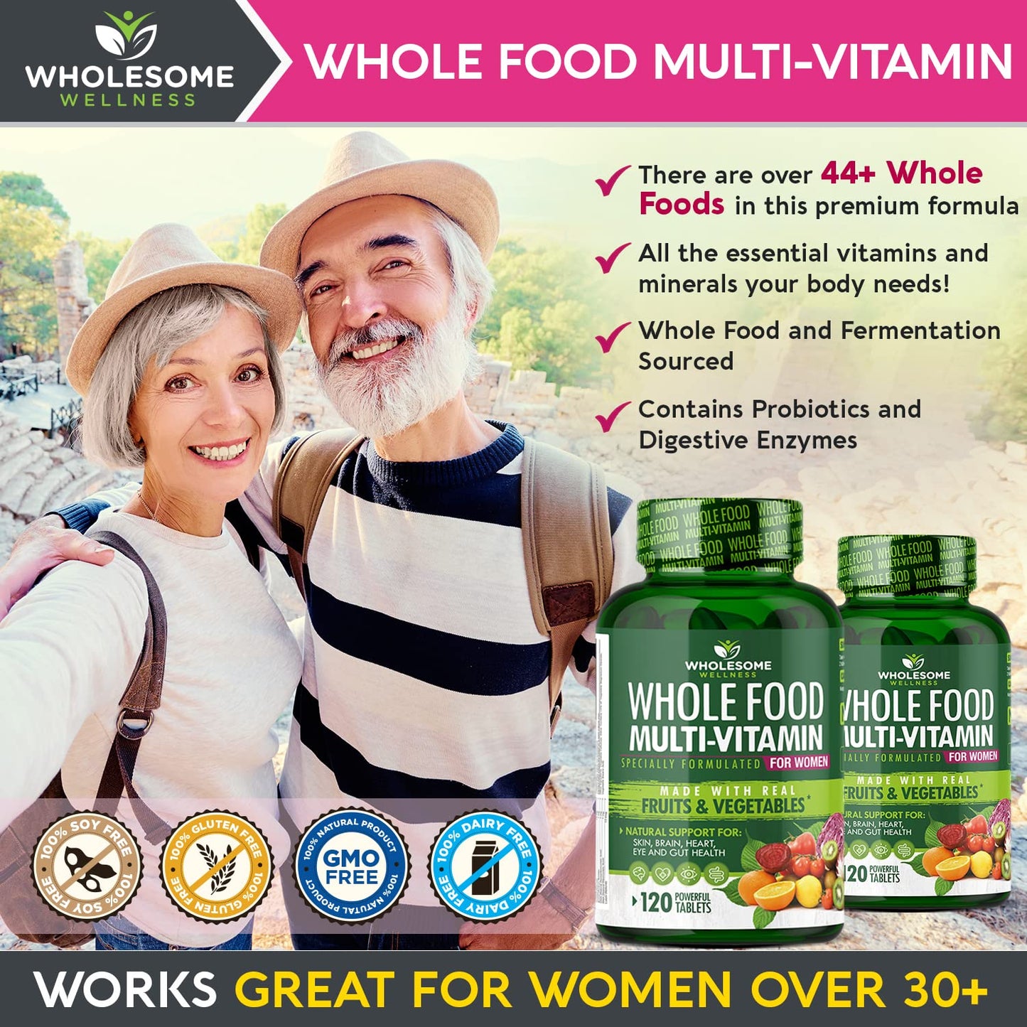 Wholesome Wellness Whole Food Multivitamin for Women - Natural Multi Vitamins, Minerals, Organic Extracts, 120 Tablets