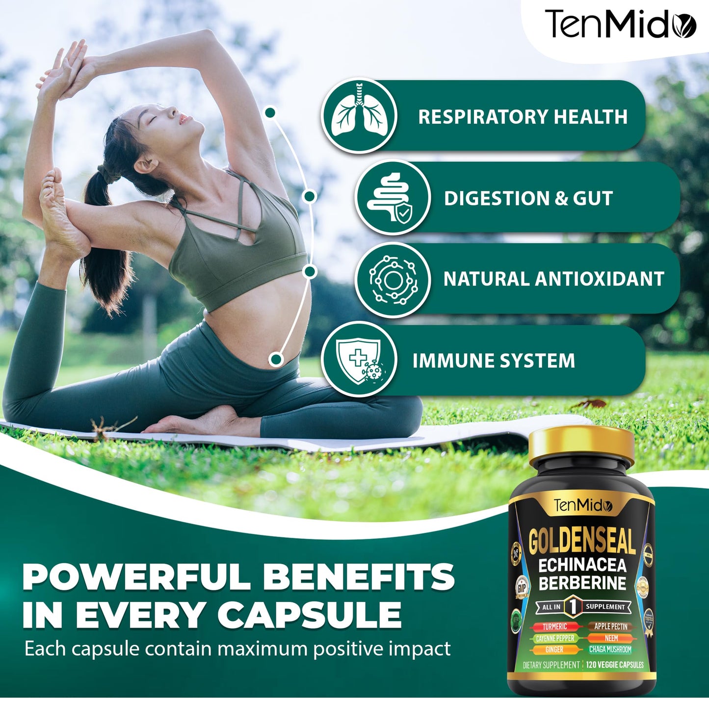Tenmido Goldenseal Root Supplement 10in1 Formula Capsules 120 Count