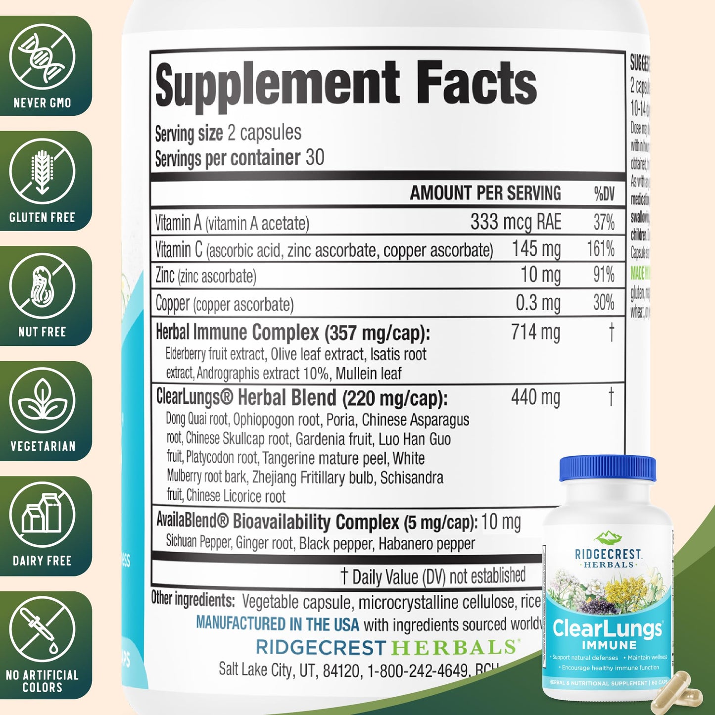RidgeCrest Herbals ClearLungs Immune, Lung Support Supplement Capsules 60