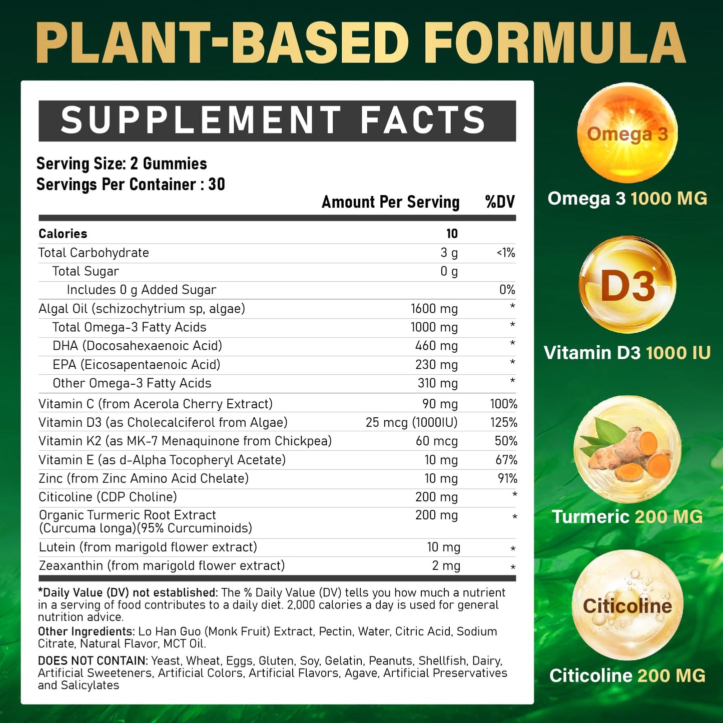 ZEGBALP Omega-3 Gummies - Vegan Algae Oil DHA & EPA, Turmeric, Vitamin D3, K2 & Citicoline, Sugar-Free, 120 Gummies