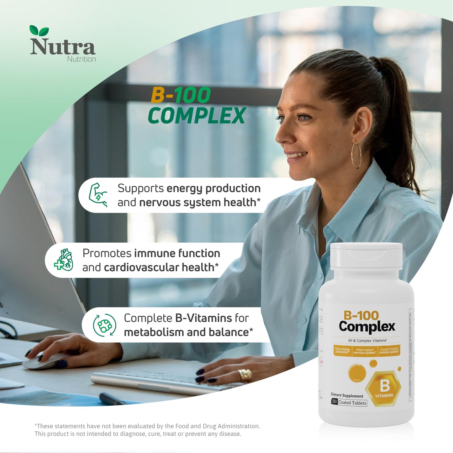 Nutra Nutrition B-100 Complex Vitamins B1 B2 B3 B6 B12 Energy Support Coated Tablets, 50