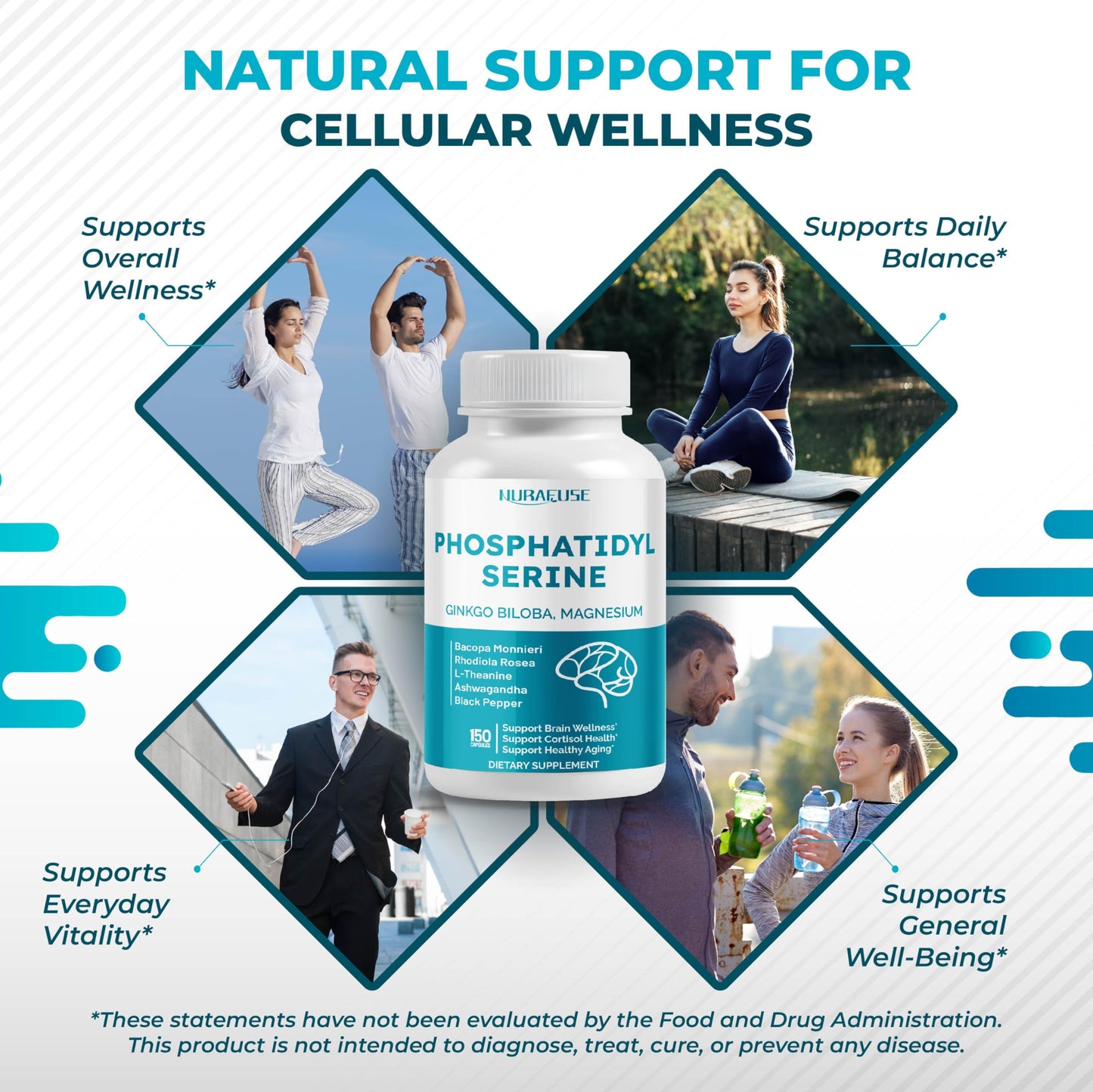 NURAFUSE High Potency Phosphatidylserine with Ginkgo Biloba, Magnesium, L-Theanine, Ashwagandha & Black Pepper Capsules, 150 Count