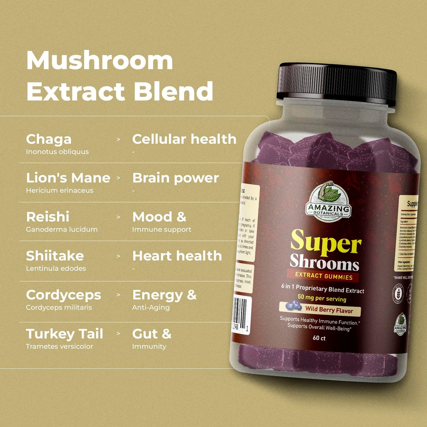 Amazing Botanicals Super Shrooms 6 in 1 Organic Mushroom Wellness Gummies, 60 Count