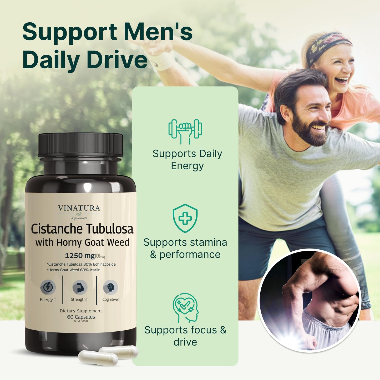VINATURA Cistanche with Horny Goat Weed 60% Icariin - 1250mg per Serving Capsule, 60 Count