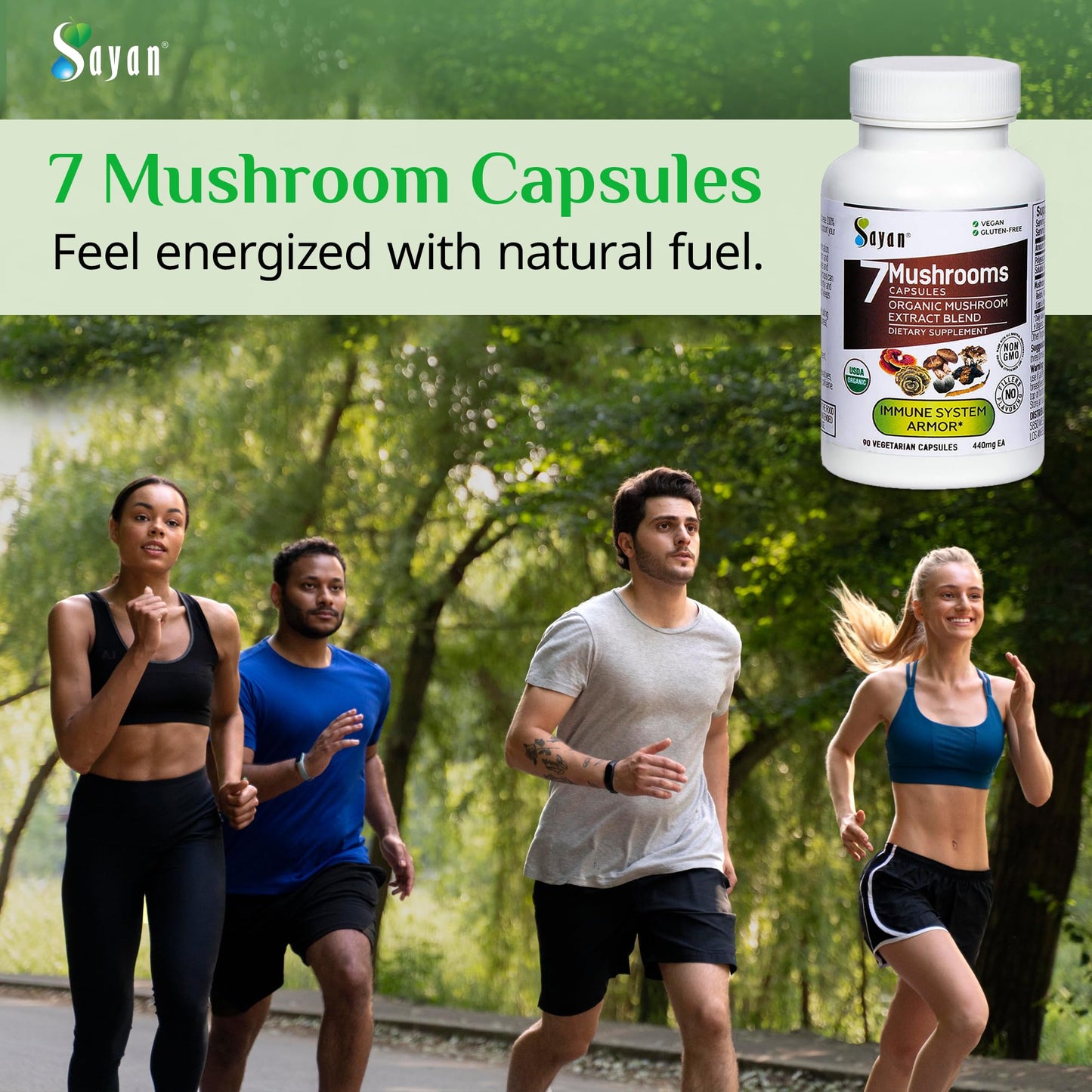 Sayan 7 Mushroom Extract 440mg Capsules, Immune Support Energy, Organic Vegan, 90 Count