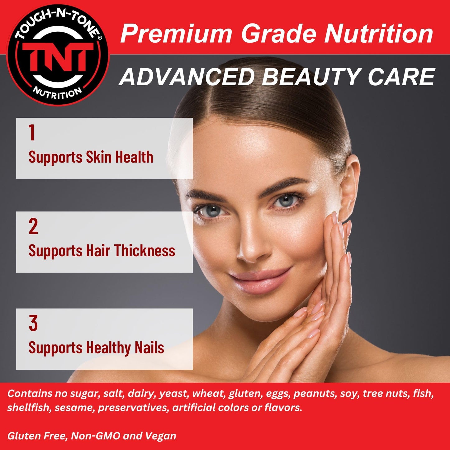TOUGH-N-TONE Advanced Beauty Care Vegan Biotin with SesZen-Bio®, KeraGLO® Keratin, Fo-Ti & Hyaluronic Acid Hair, Skin & Nail Support Capsules 120