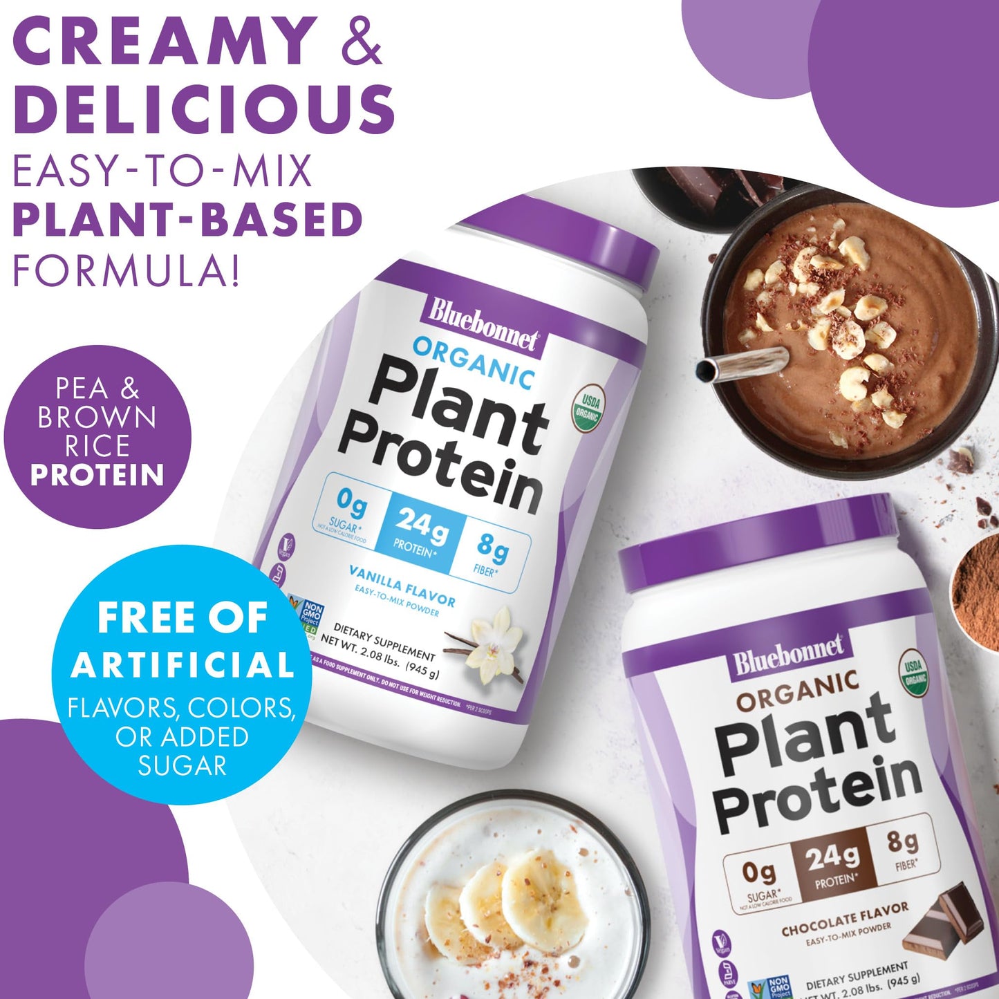 BlueBonnet Organic Plant Protein Powder Vanilla Flavor, 21 Servings