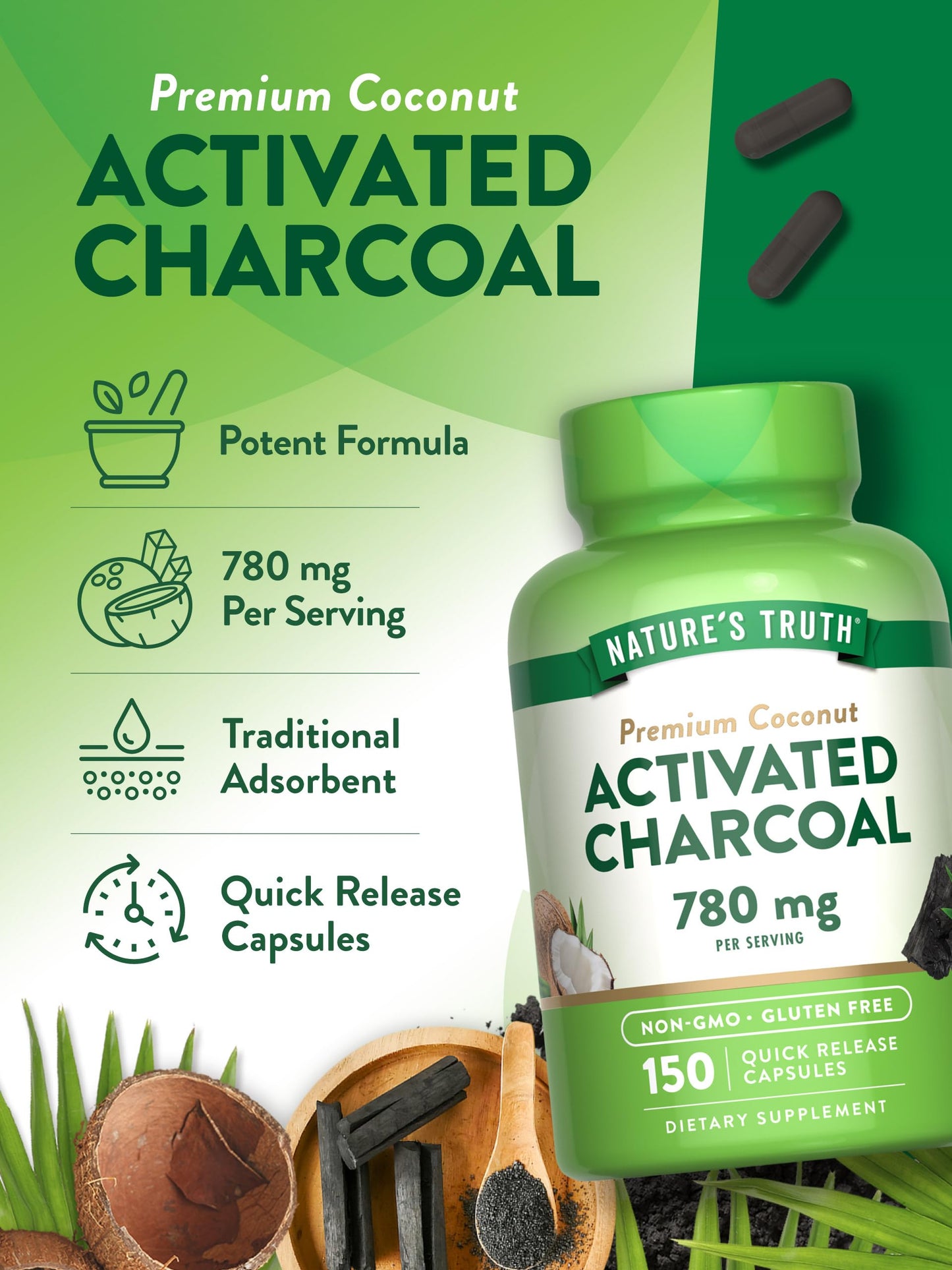 Nature's Truth Activated Charcoal Capsules 150 Count