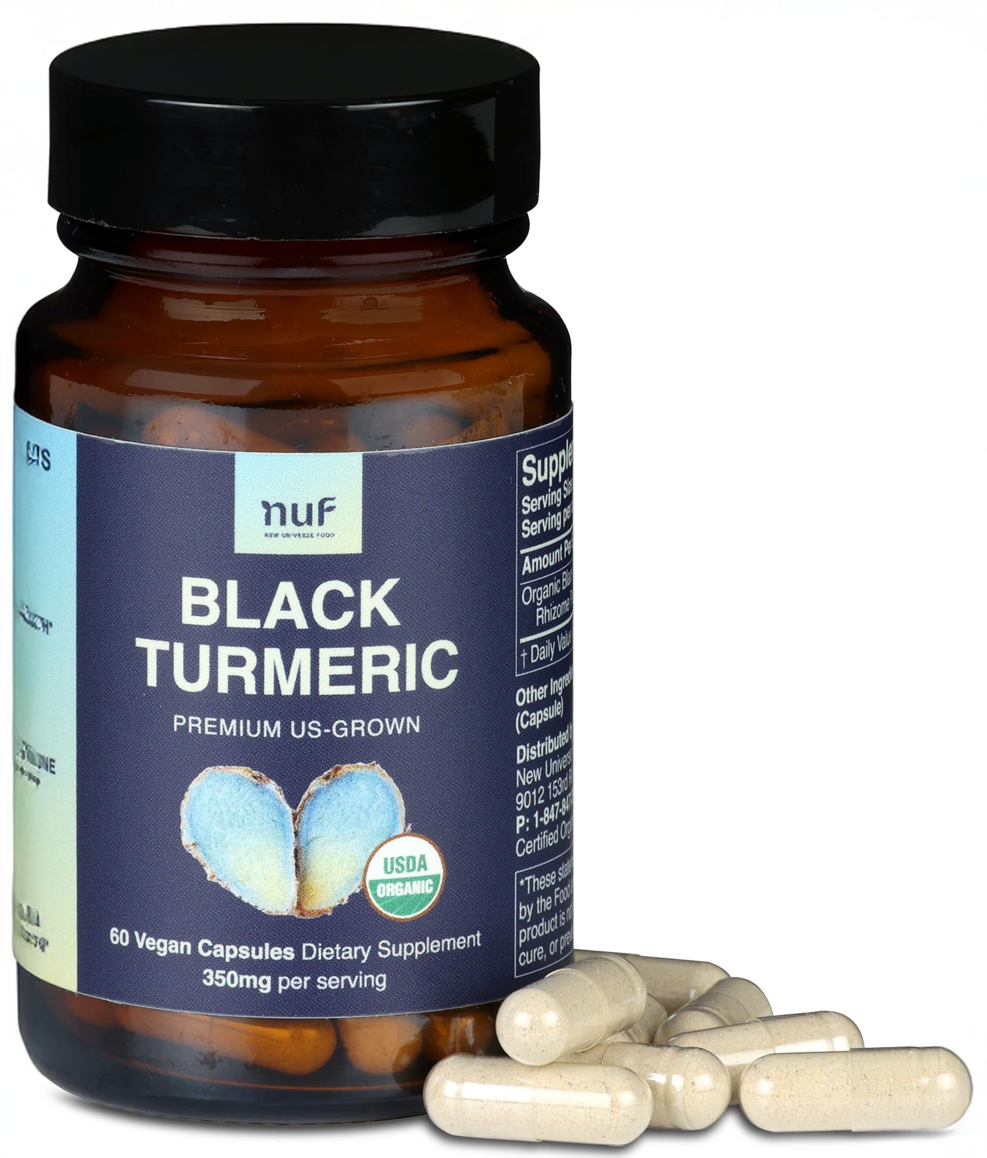 New Universe Food Organic Black Turmeric 350mg Whole Root Vegan Capsules, 60 Capsules
