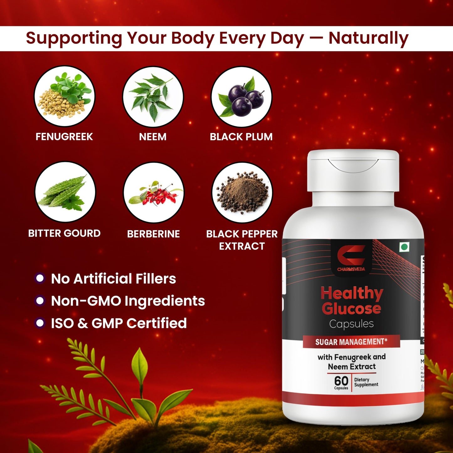 CHARMSVEDA Healthy Glucose Herbal Capsules with Fenugreek, Berberine, Neem, Bitter Gourd, Black Plum & Black Pepper, Daily Herbal Wellness Supplement, Vegan, Non-GMO, 60 Capsules