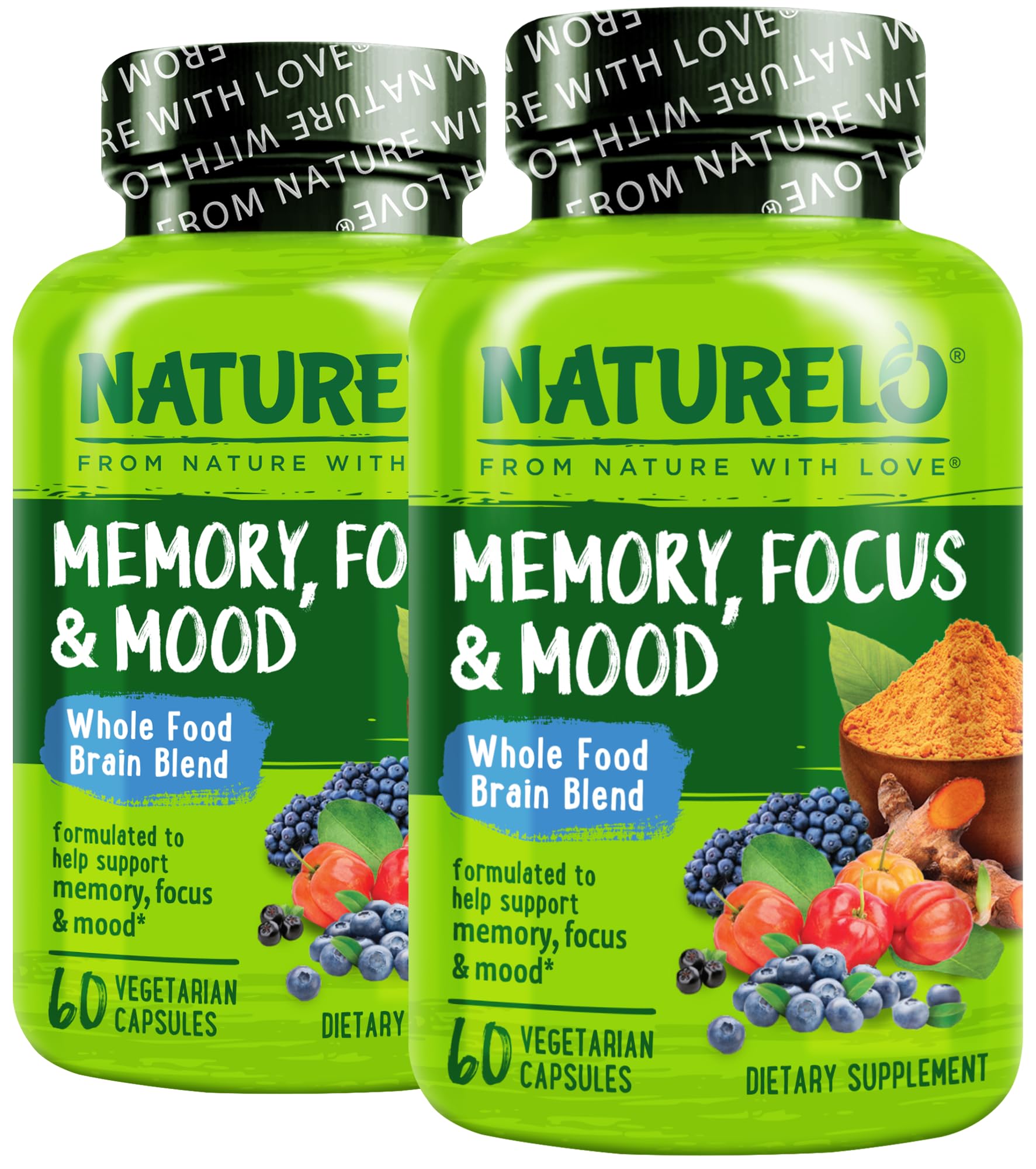NATURELO Whole Food Brain Supplement for Focus Support, 120 Capsules