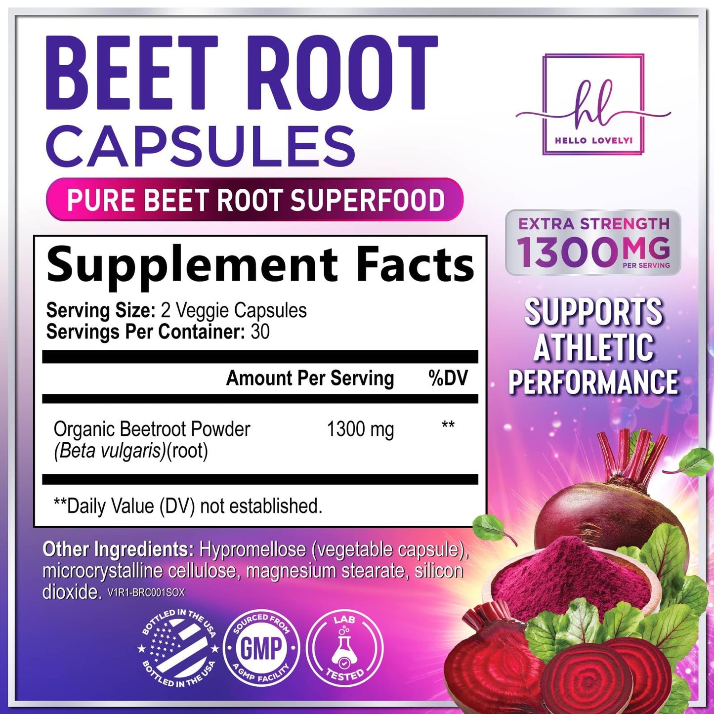 Hello Lovely! Organic Beet Root 1300mg Per Serving - Extra Strength Beetroot Supplement, Supports Athletic Performance, Vitality & Immune System, Best Beet Root Powder, Non-GMO, Bottled USA, 60 Capsules