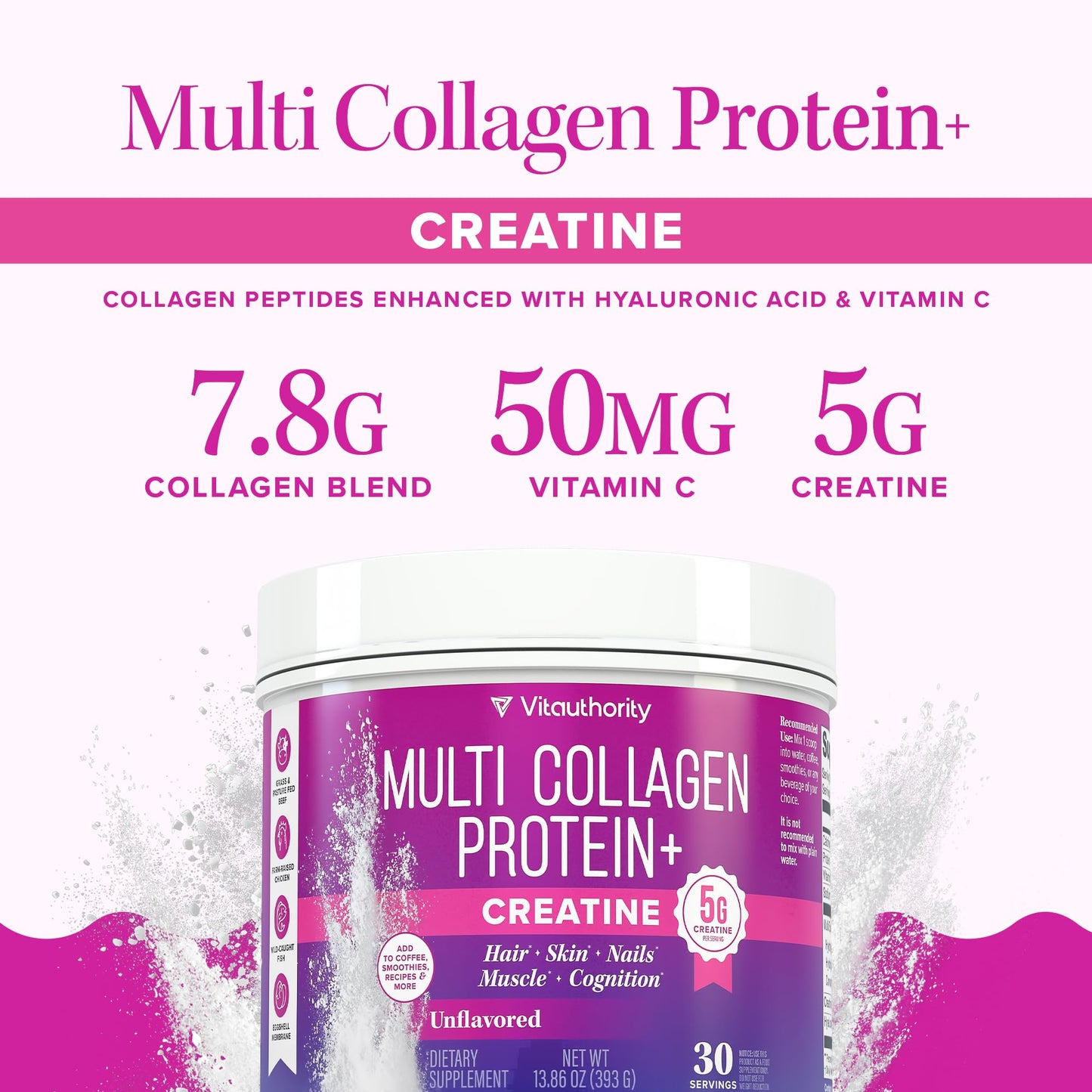 Vitauthority Multi Collagen Protein + Creatine Powder, 13.8 oz