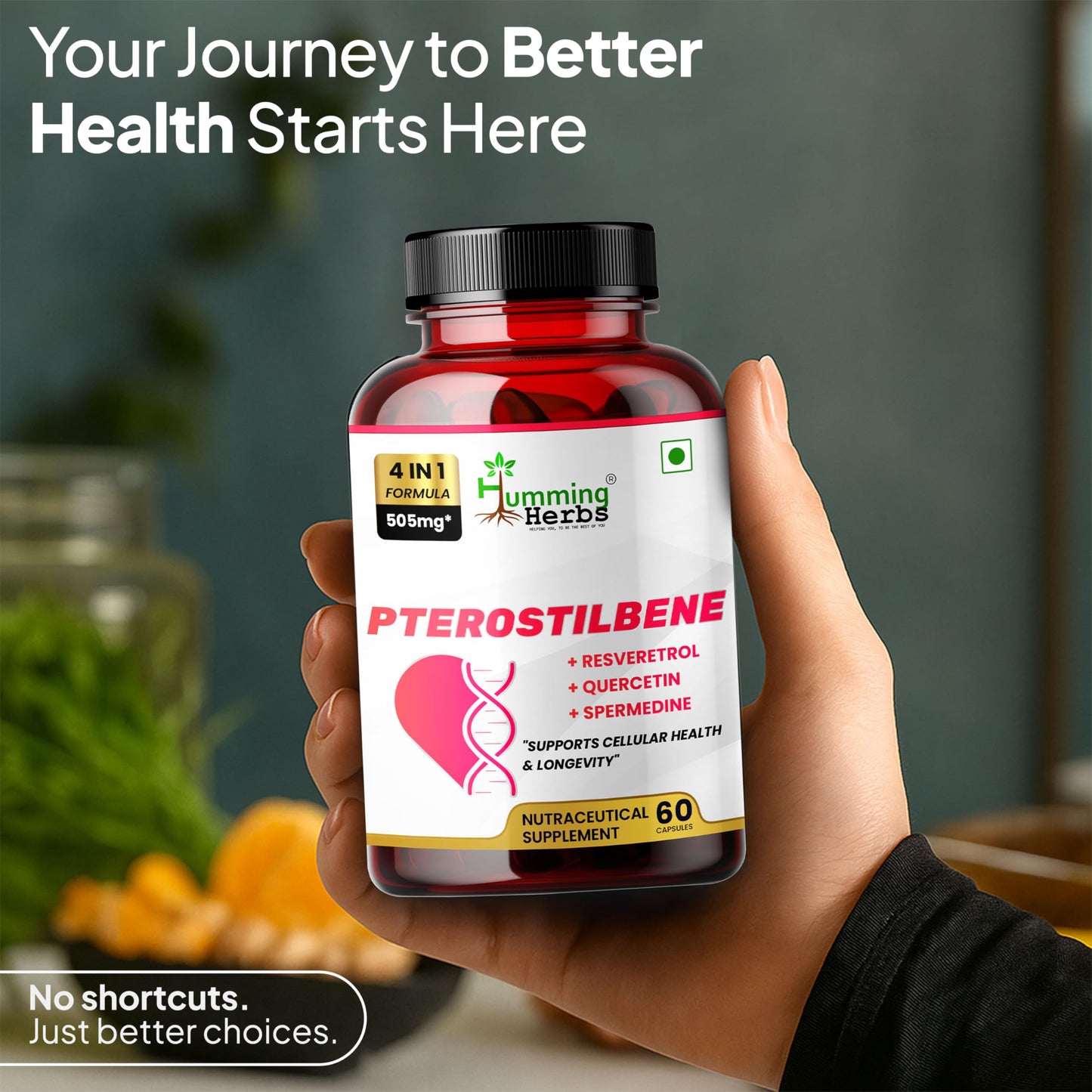 Humming Herbs Pterostilbene Supplement Complex with Trans-Resveratrol, Quercetin & Spermidine – Antioxidant Support for Cellular Health Capsule, 60 Capsules