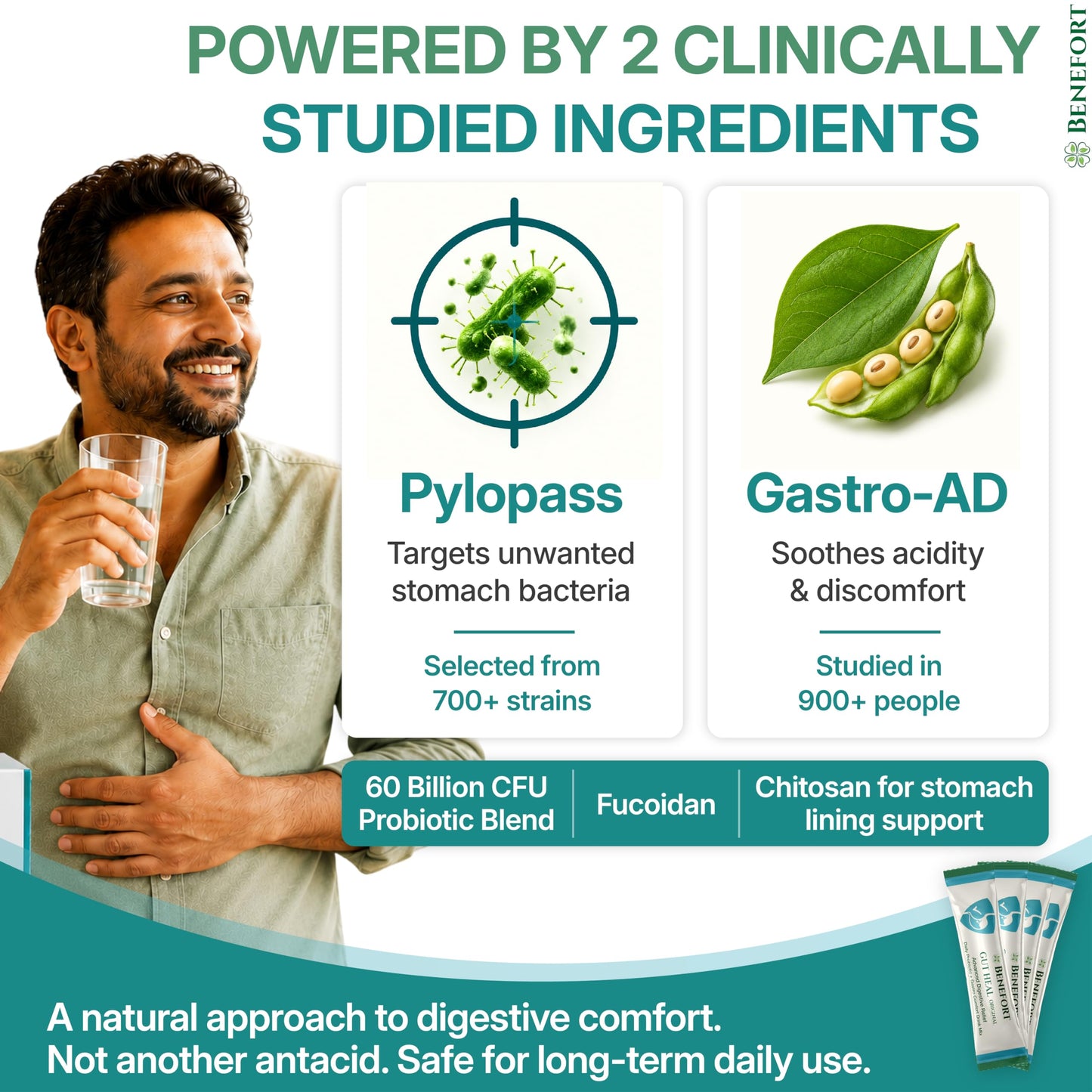 Benefort Gut Heal H Pylori Probiotic Powder with Pylopass & Gastro-AD, 60 Billion CFU L Reuteri Stomach Soothe Supplement, 30 Sachets
