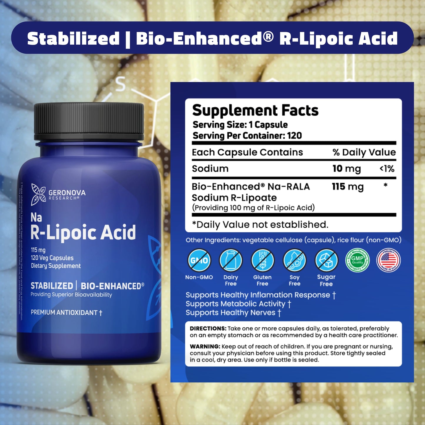 Geronova Research Bio-Enhanced R-Lipoic Acid Capsules, 120 Count
