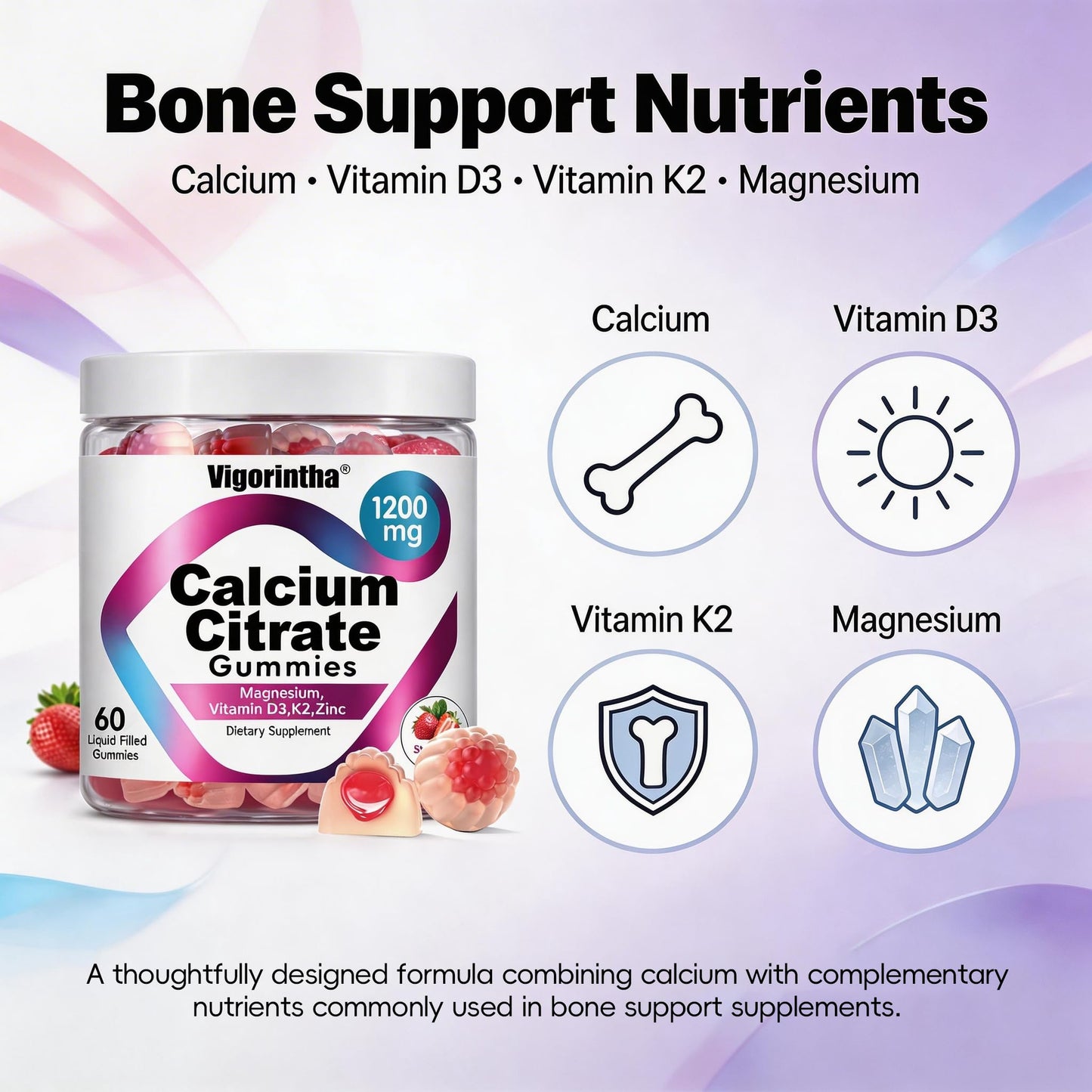 Vigorintha Calcium Citrate Gummies 1200mg with Magnesium, Vitamin D3, K2, Strawberry Flavor, 120 Gummies