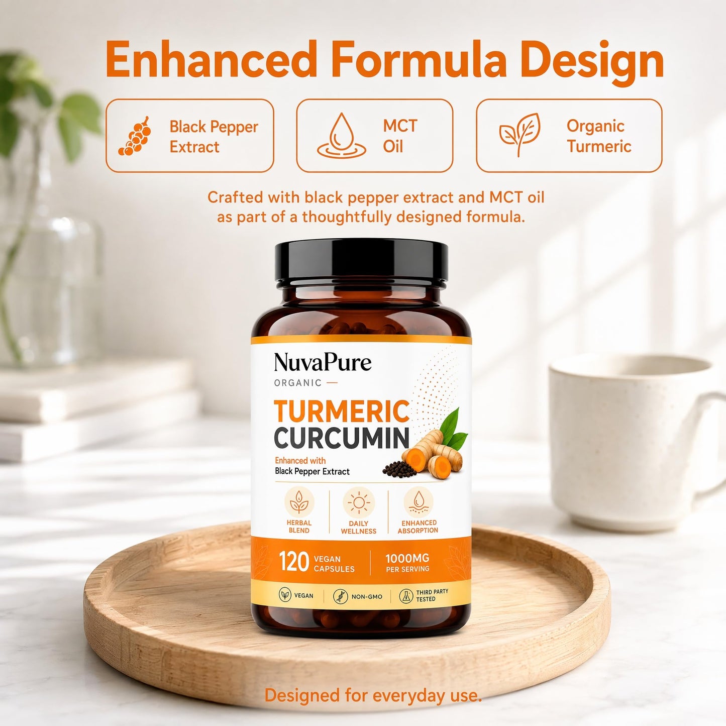 ONAISE Nuvapure Organic Turmeric Curcumin Capsules – Turmeric Curcumin Formula with Black Pepper Extract, 120 Count