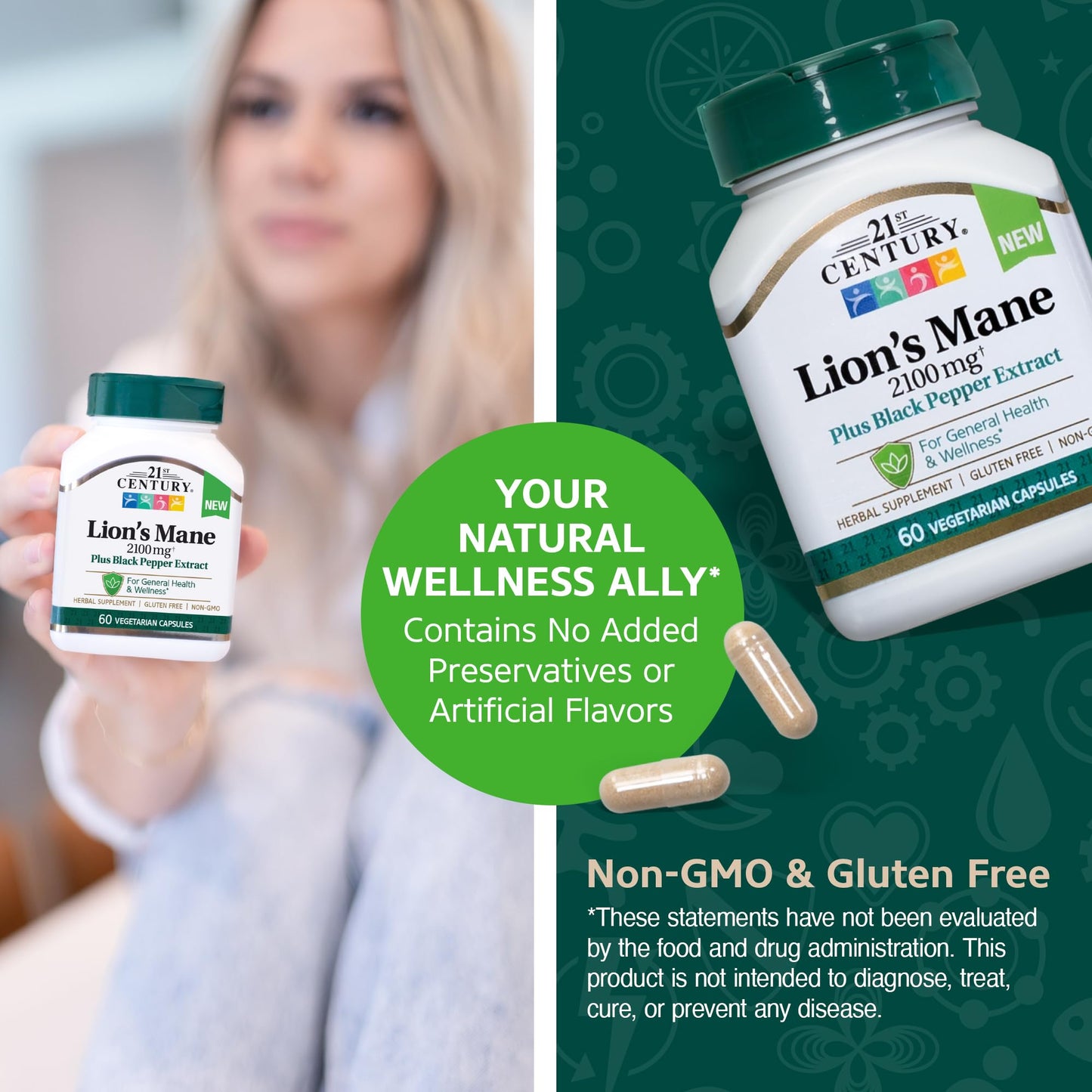 21st Century Lion's Mane 2,100 mg Plus Black Pepper Extract Capsules, 60 Count