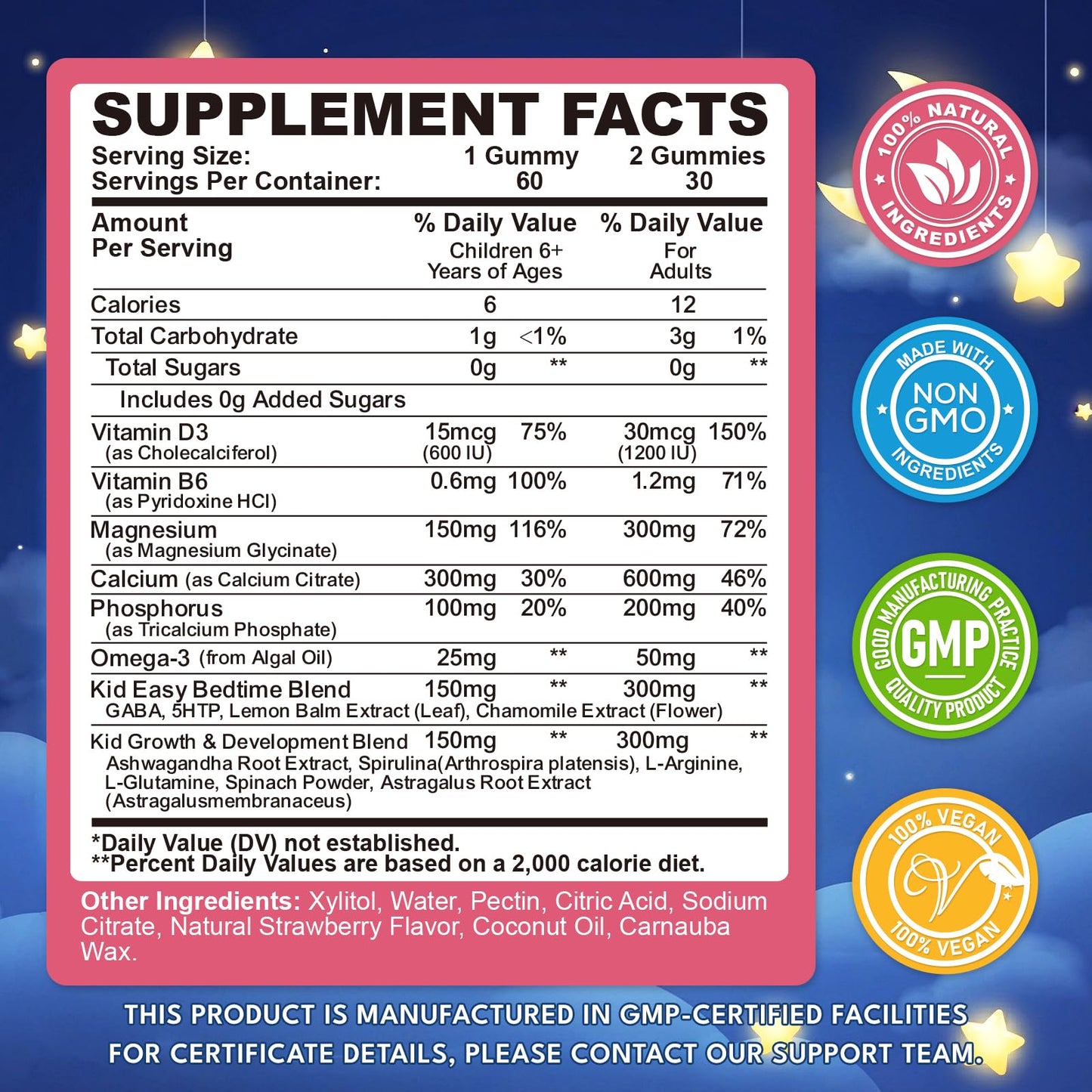 CFILIHTC Magnesium Gummies for Kids, Magnesium Glycinate Gummies with Chamomile, Lemon Balm, Calcium, Vitamin B6, D3 for Kids & Adults Sleep, Growth, Calm & Relaxation, Sugar Free, Strawberry Flavor, 120 Gummies
