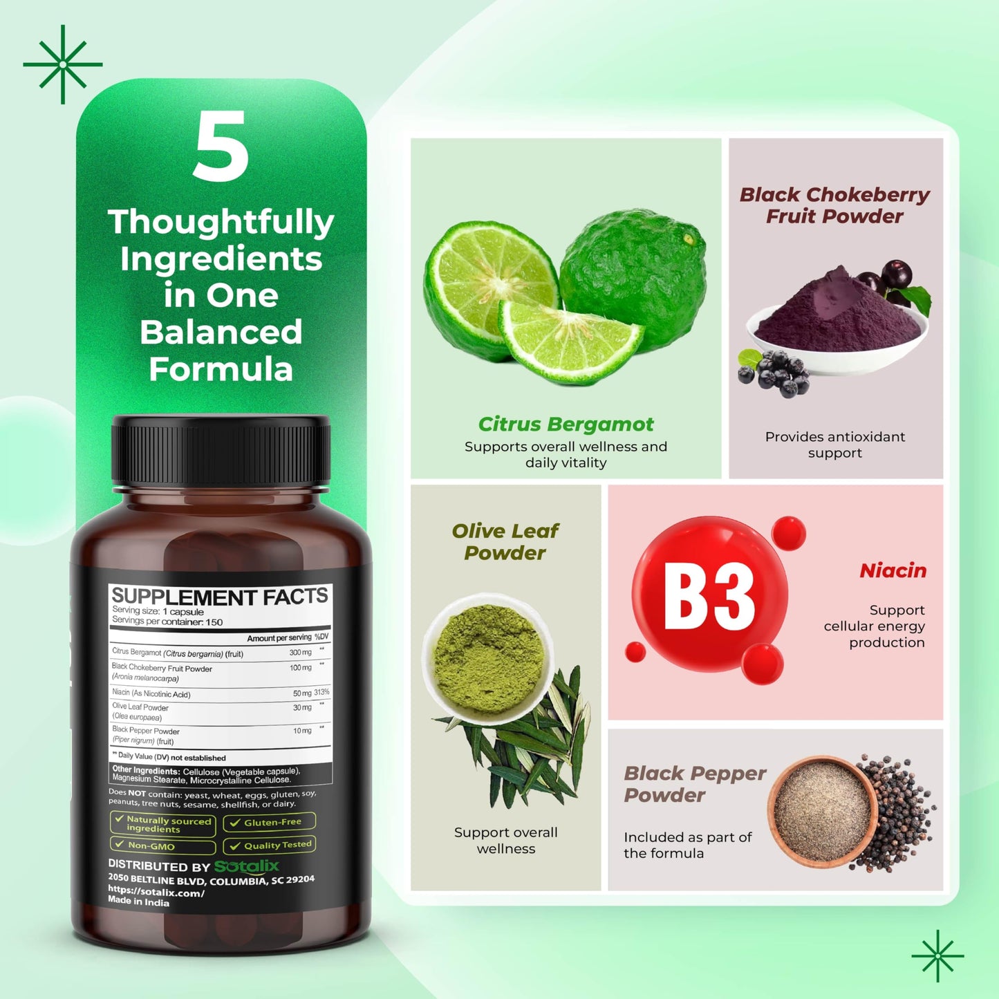 Sotalix Supplement Premium Citrus Bergamot Organic Bergamot Supplement with Niacin, Black Chokeberry, Olive Leaf, Black Pepper - Heart & Circulatory Function Support Capsules 150 Count