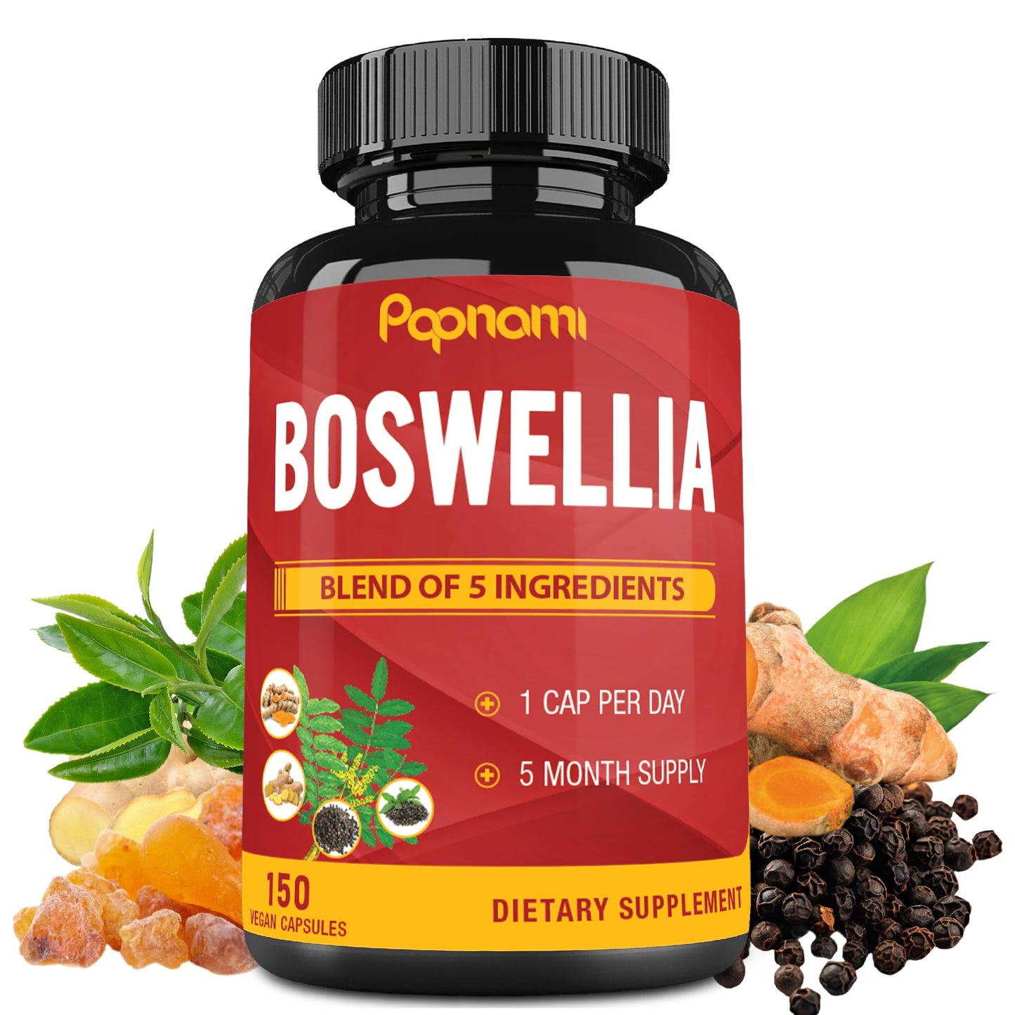 Papnami Boswellia Serrata Extract Capsules with Turmeric, Ginger, Pepper, Green Tea, 150 Capsules