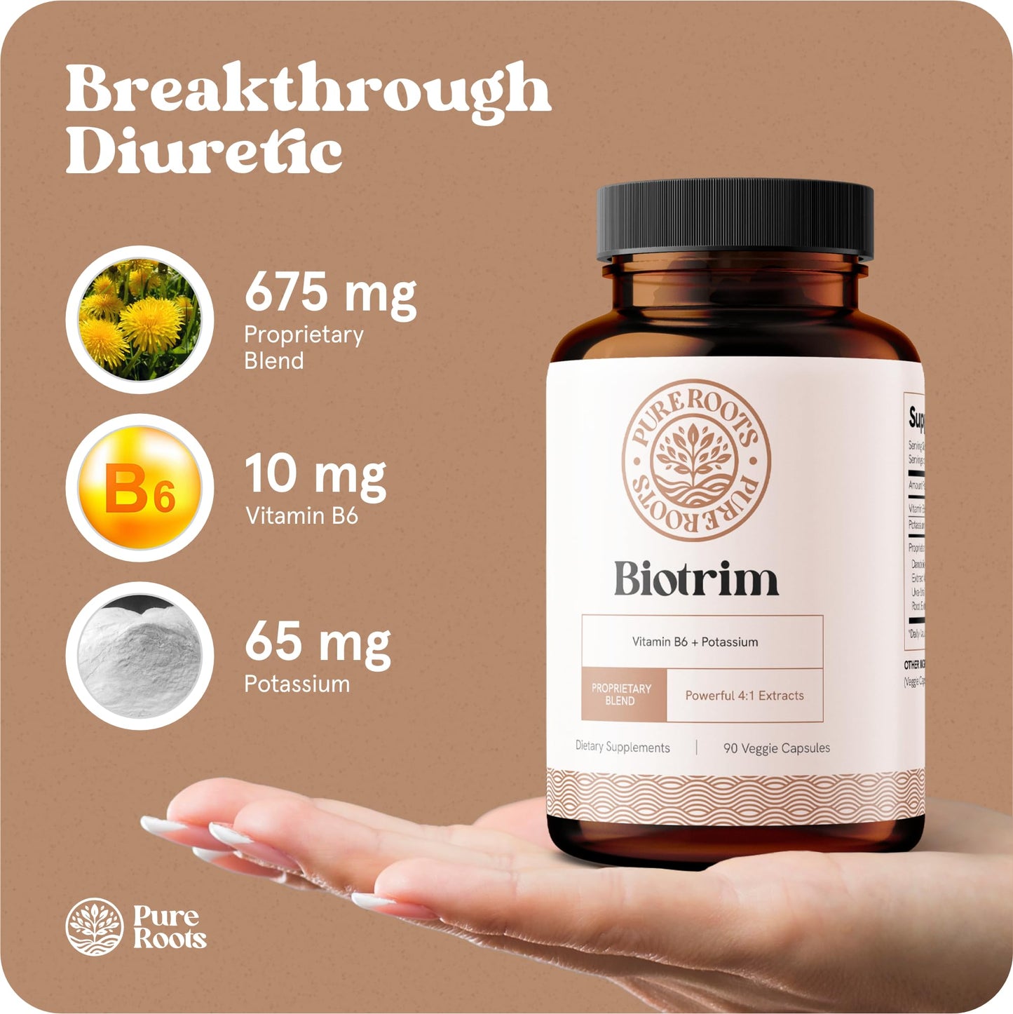 PureRoots Caffeine-Free Water Pills Diuretic Supplement with Dandelion Root, 90 Capsules