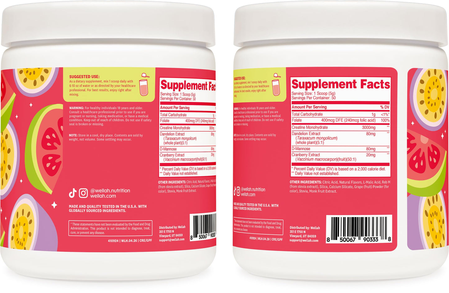 Wellah Creatine for Women Creatine Monohydrate with Dandelion & Cranberry Extract Powder 9.3