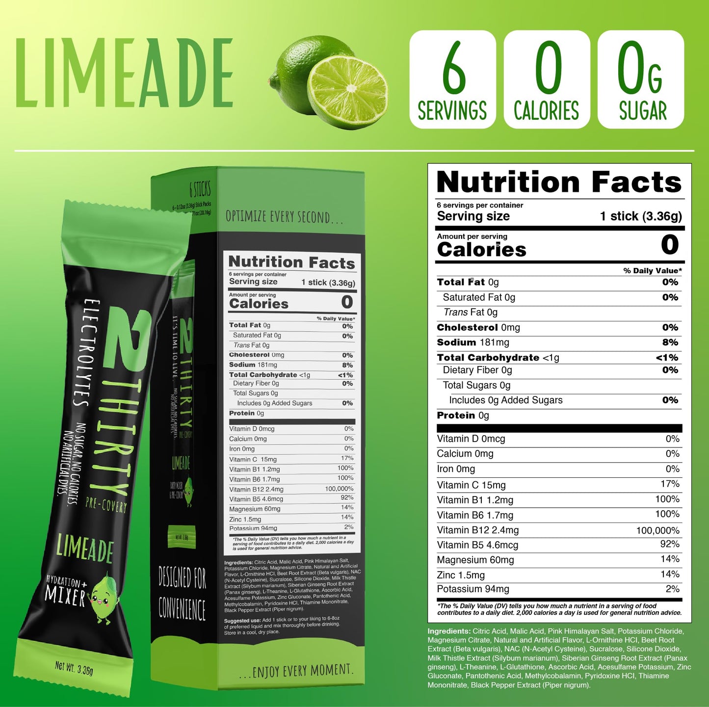 2THIRTY PRE-COVERY Hydration + Mixer Limeade Powder 0.7 oz