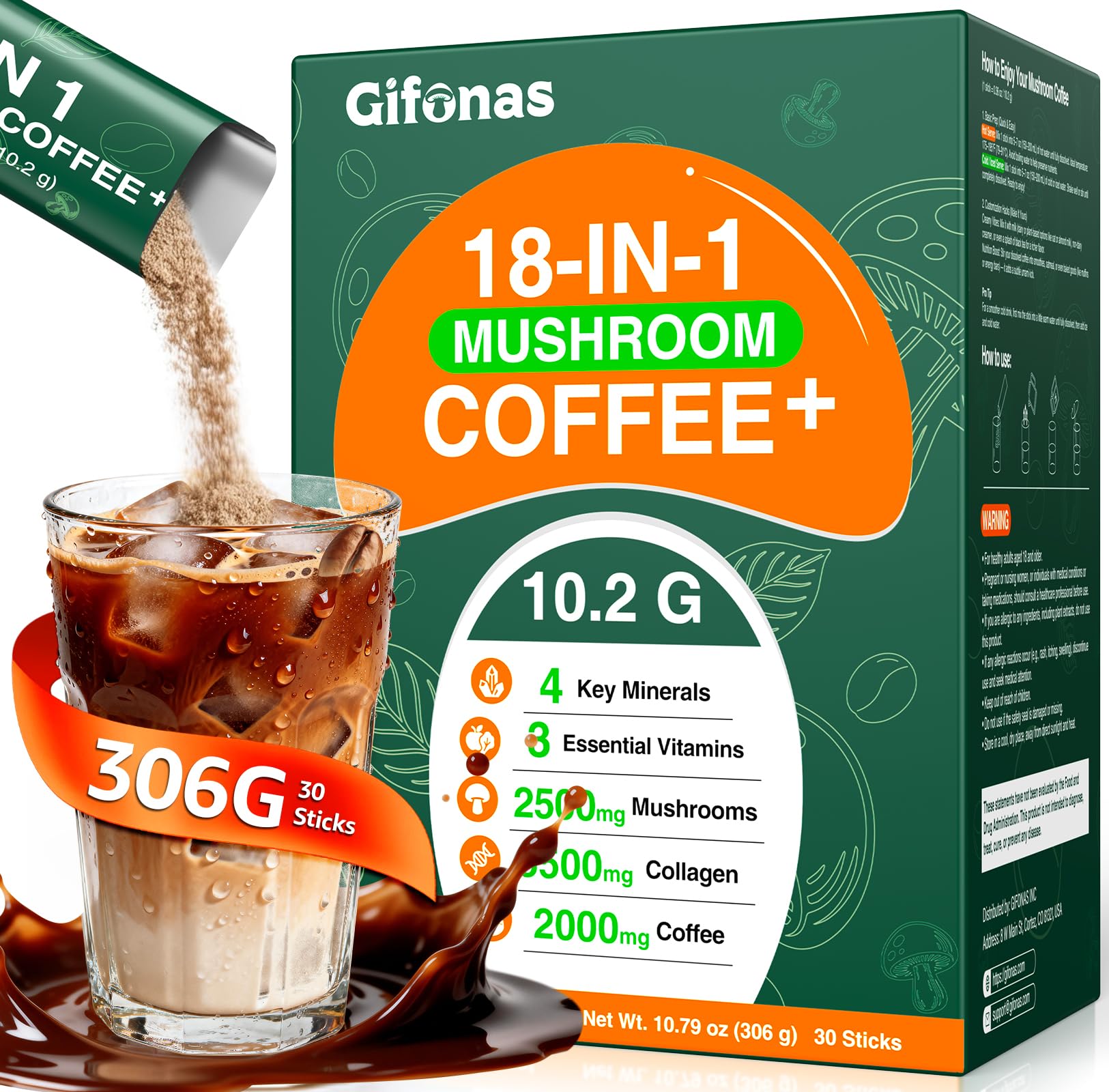 gifonas Mushroom Coffee with 5500mg Collagen Peptides, 6 Adaptogenic Mushrooms, L-Theanine, MCT Oil, Vitamins & Minerals Powder 10.79 Ounce
