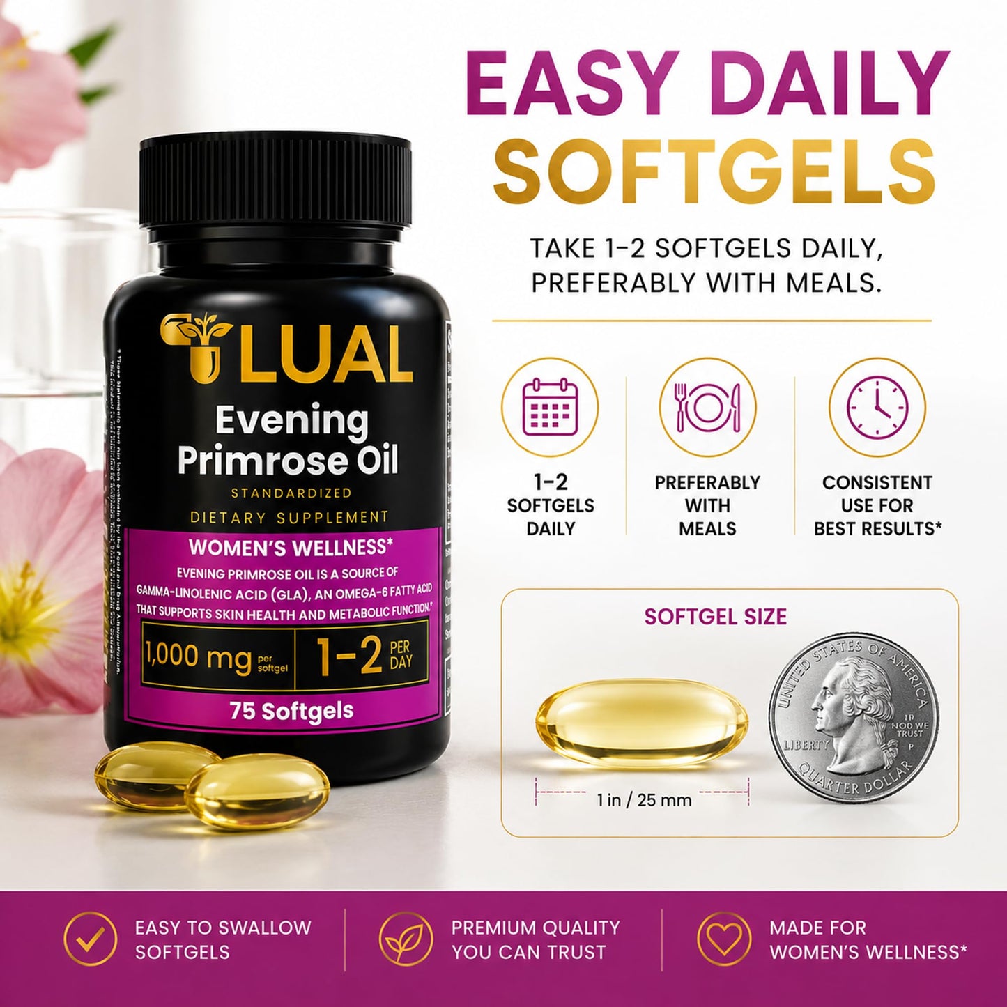 LUAL Evening Primrose Oil 1000mg with GLA Softgels, 75 Softgels