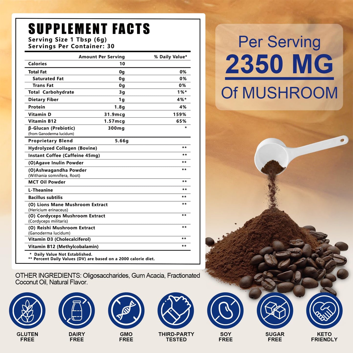 HUXINSK Organic Mushroom Coffee Instant Coffee with Lion’s Mane, Reishi, Cordyceps, Collagen, β-Glucan (Prebiotic) Powder 6.35 oz
