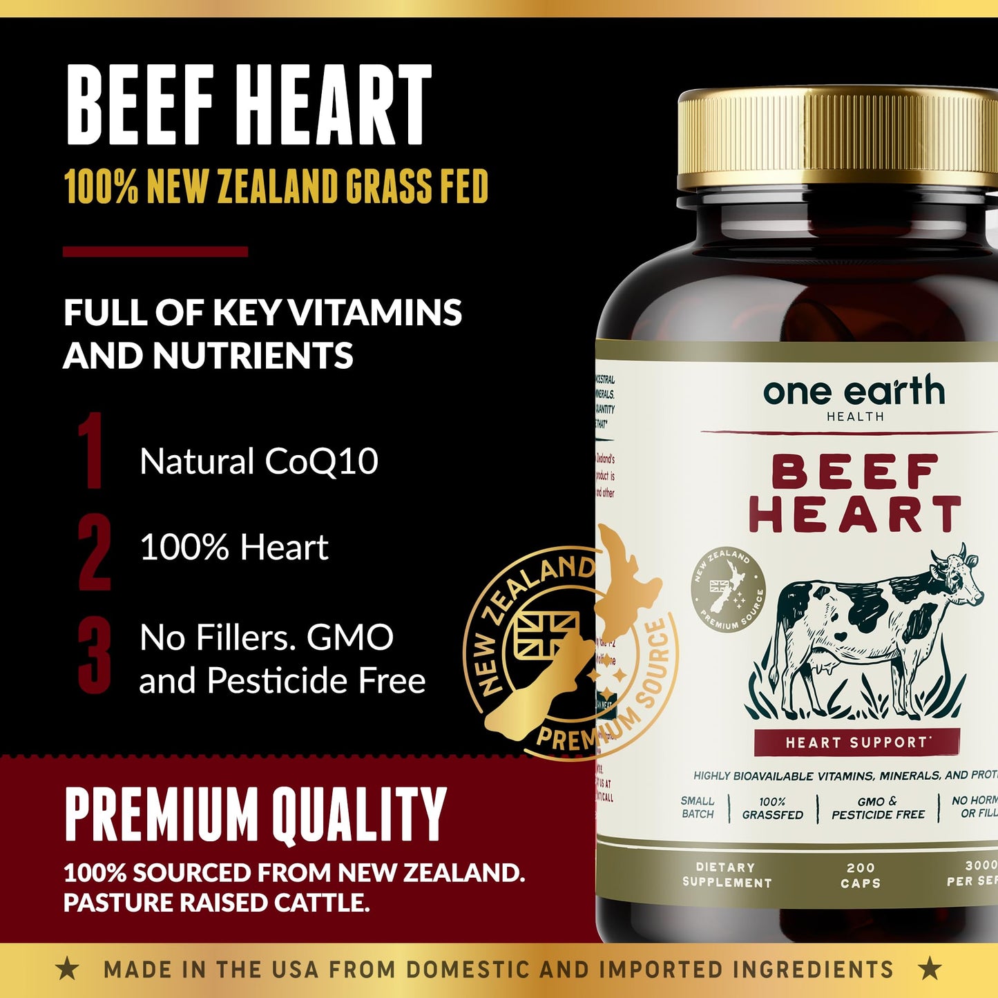 One Earth Health Grass Fed Beef Heart - New Zealand Sourced Heart, 200 Capsules