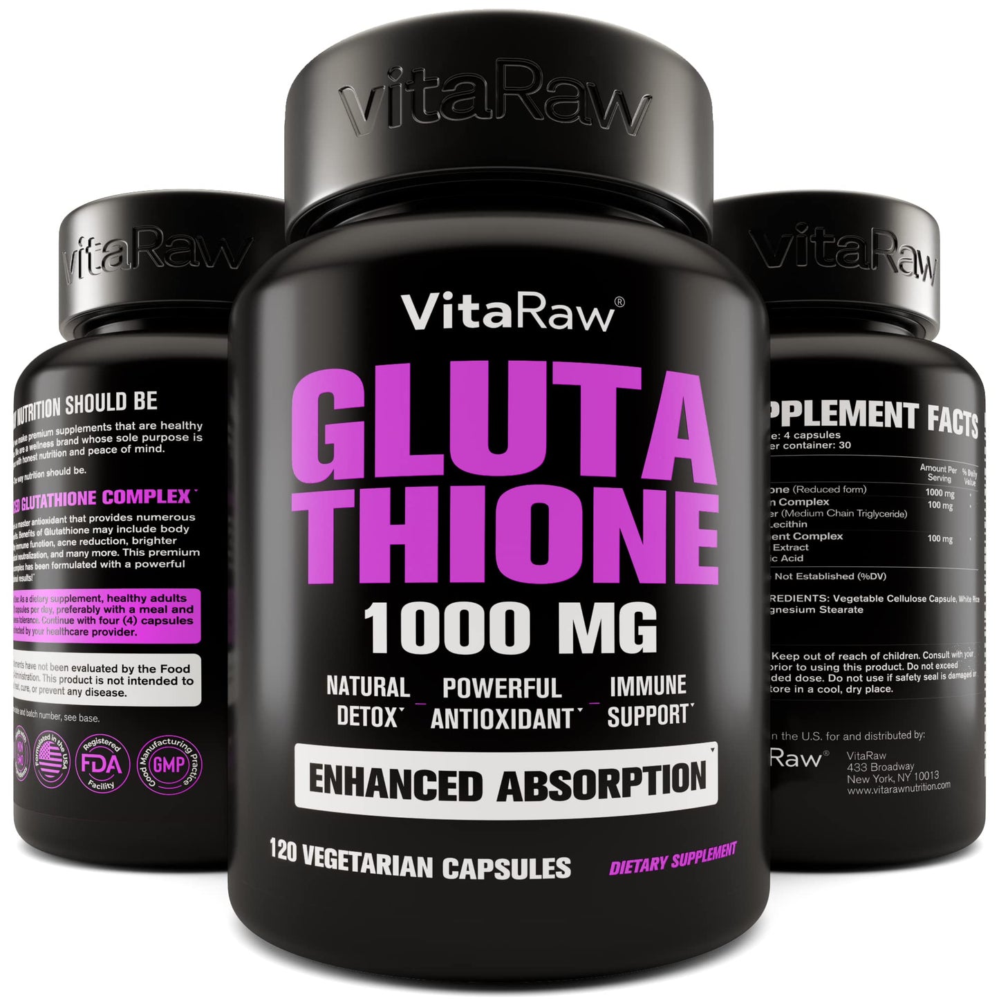 VitaRaw Glutathione for Immune Support + Organic Lions Mane Mushroom Capsules, 240 Capsules