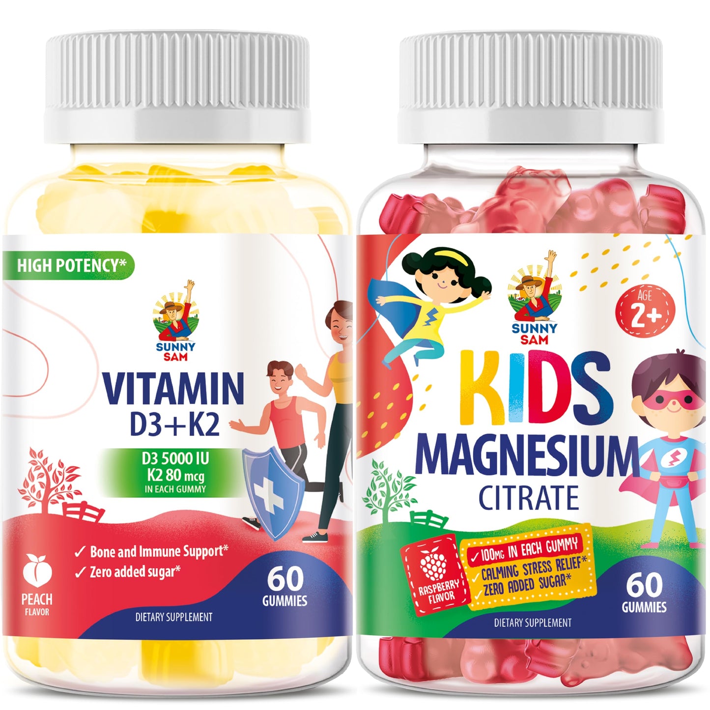 Sunny Sam Vitamin D3 K2 Gummies 5000 IU & Magnesium Gummies for Kids, Citrate Chewable Supplement for Mood & Muscle Support, 120 Gummies