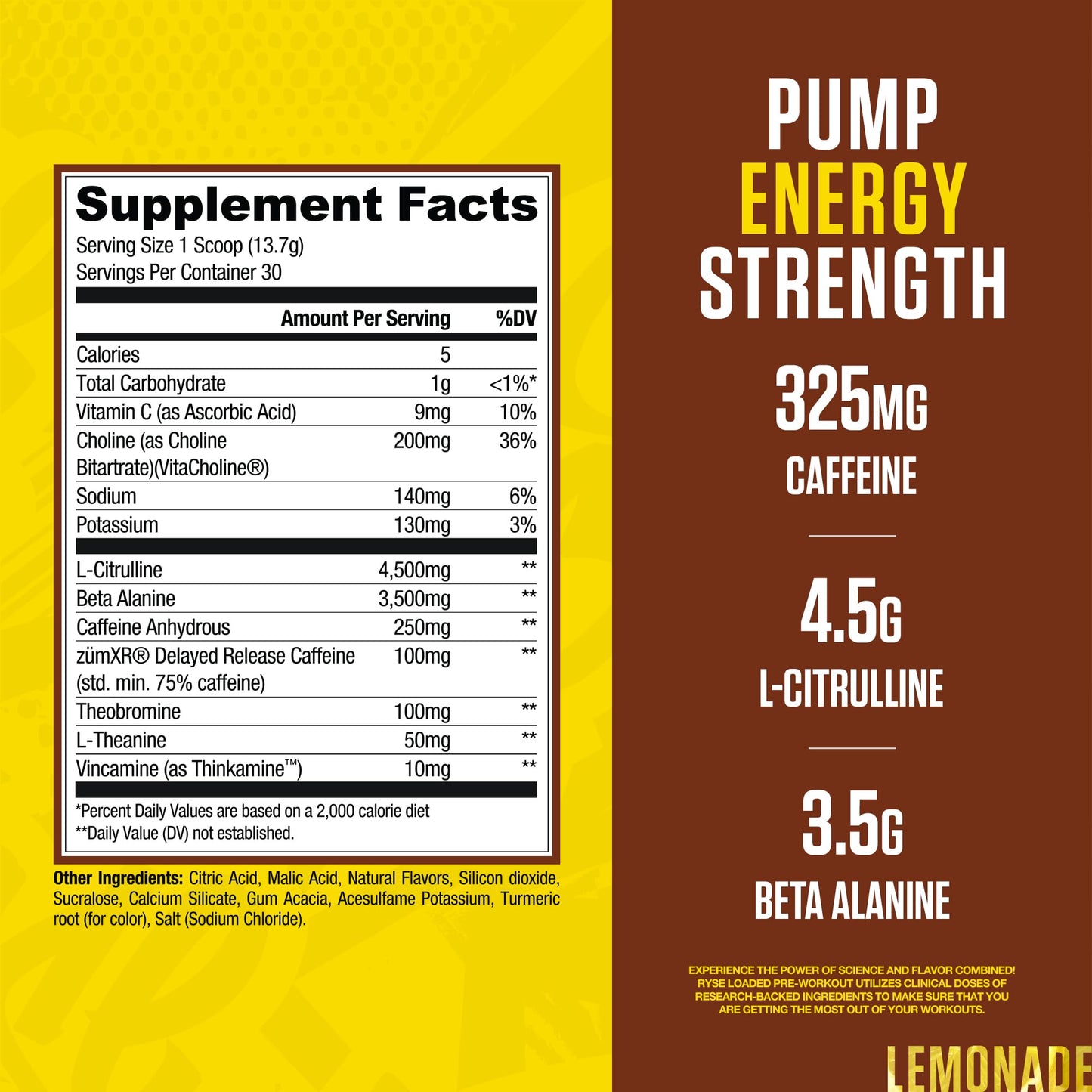 RYSE Up Supplements Loaded Pre Workout Powder Country Time Lemonade, 15.3 oz, 30 Servings