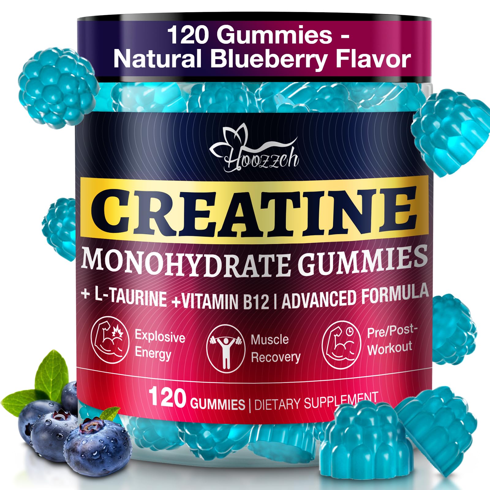 Hoozzch Blueberry Creatine Monohydrate Gummies, 120 Gummies