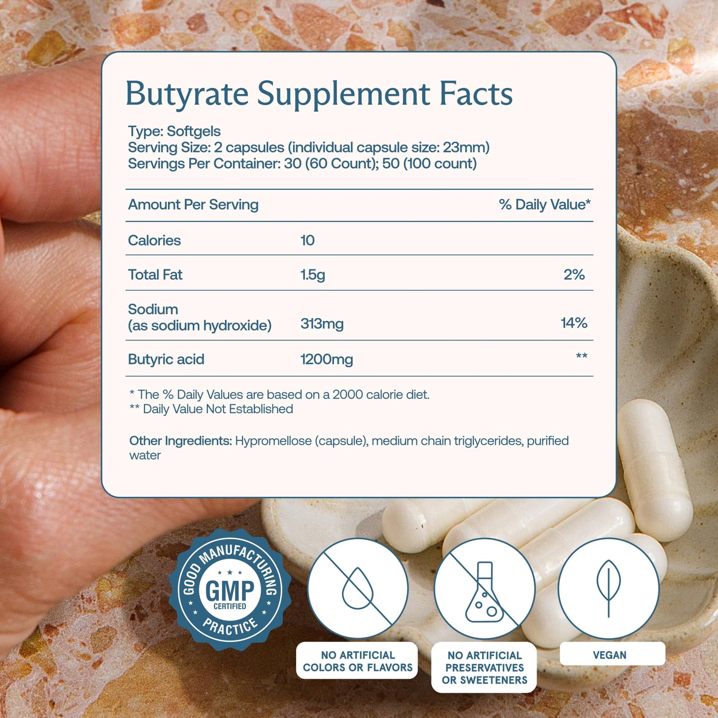 BodyBio Butyrate Postbiotic for Gut Health, Digestive Support - Leaky Gut Repair 60 Capsules