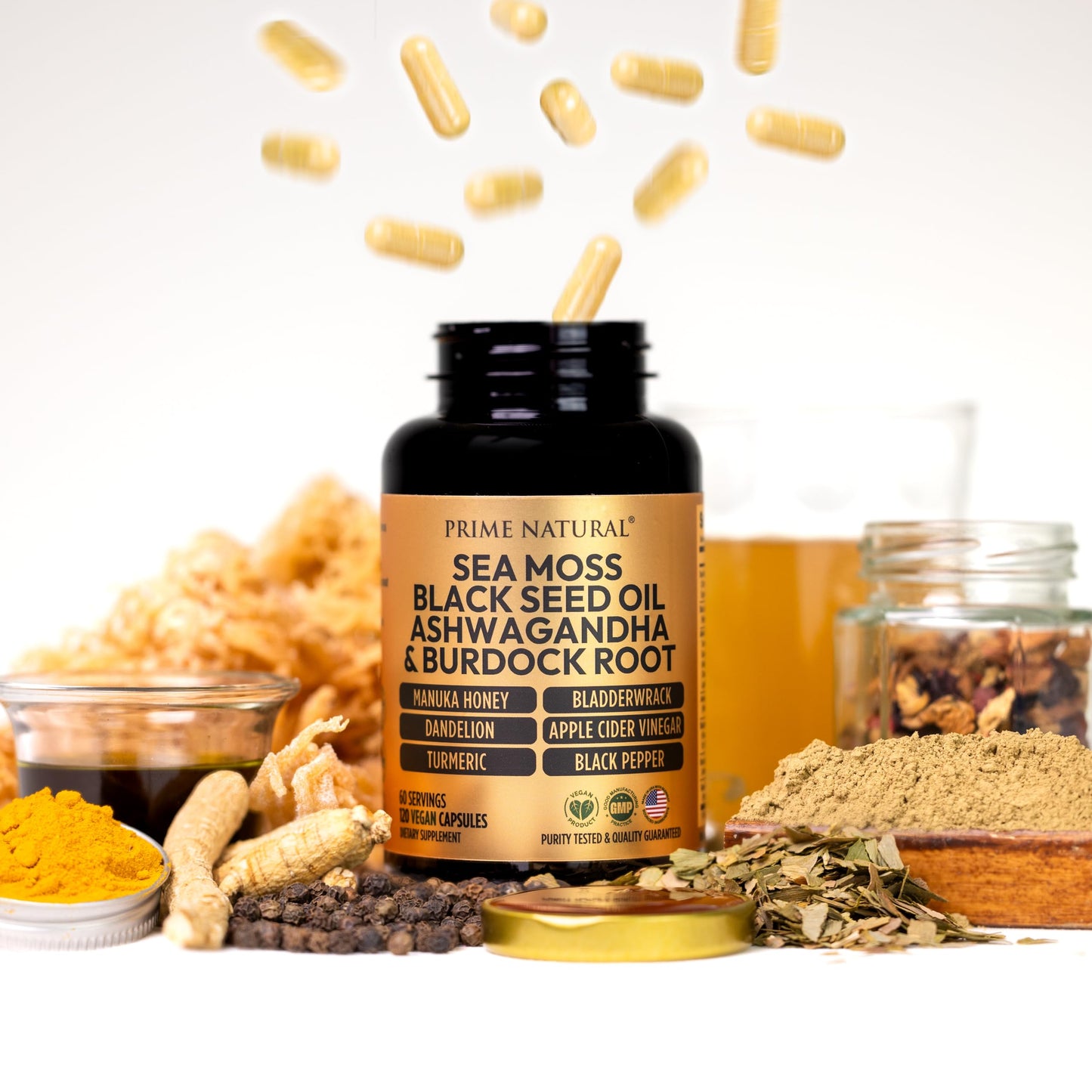 Prime Natural Sea Moss Black Seed Oil Ashwagandha Turmeric Bladderwrack Burdock Manuka Honey Dandelion ACV Capsules, 120 Count