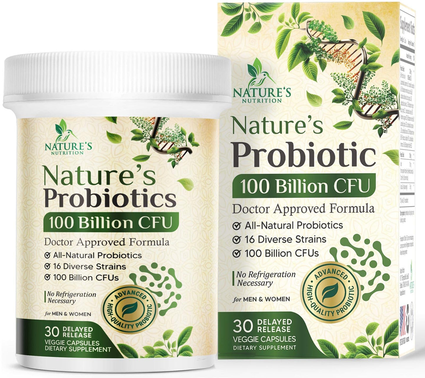 Nature's Nutrition Probiotics 100 Billion CFU Per Serving - 16 Premium Strains + Prebiotics, 30 Capsules