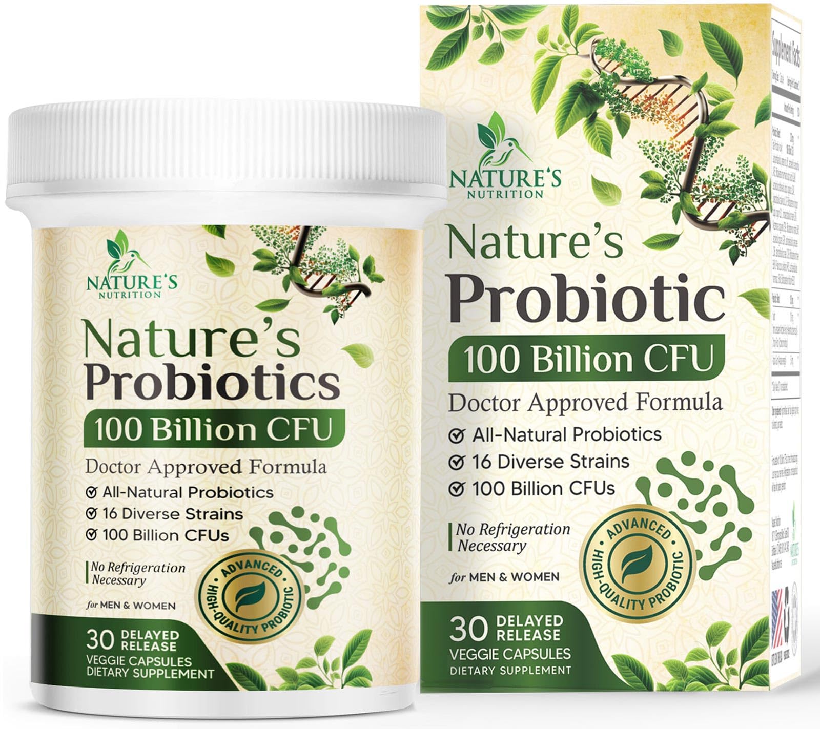 Nature's Nutrition Probiotics 100 Billion CFU Per Serving - 16 Premium Strains + Prebiotics, 30 Capsules