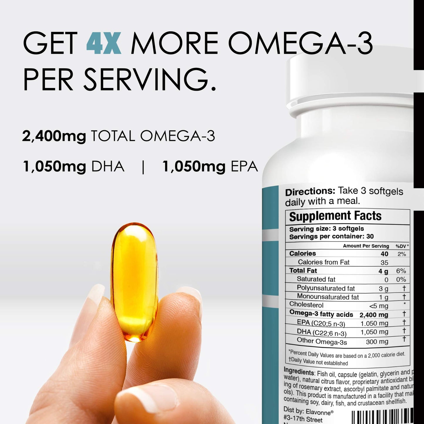 E´LAVONNE Norway Pure Omega-3 Fish Oil Softgels 90 Count