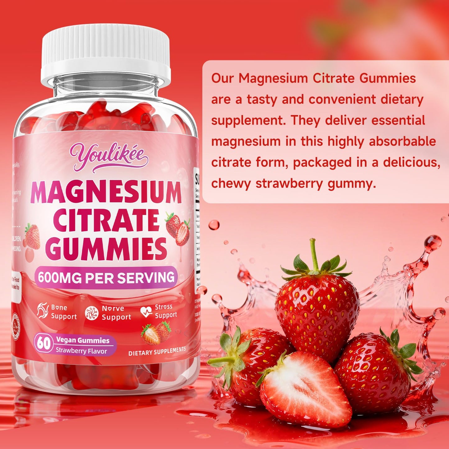 Youlikee Magnesium Citrate Gummies, 60 Count