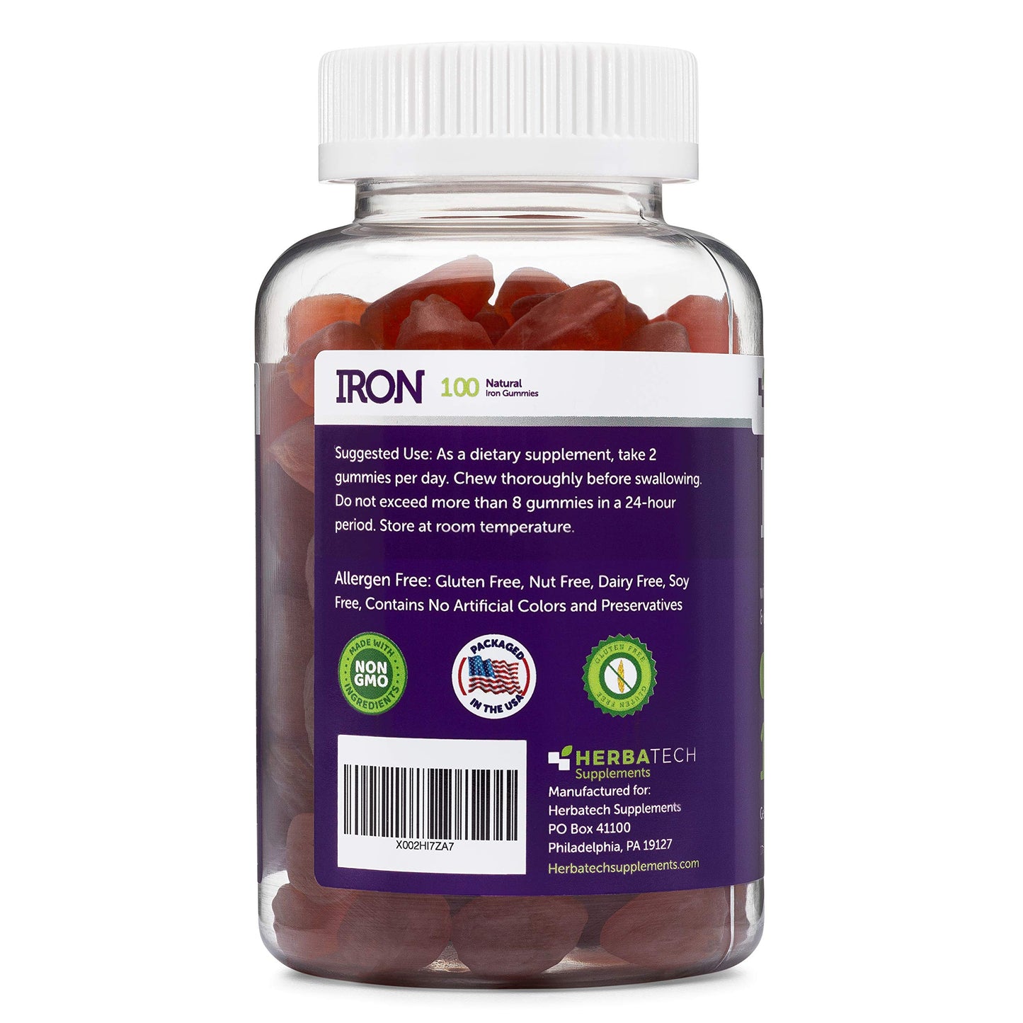 Herbatech Supplements Iron Gummies for Adults and Kids Multivitamin with Iron, Vitamin C, A, B, Zinc, Folic Acid, Biotin Gummies 100 Count