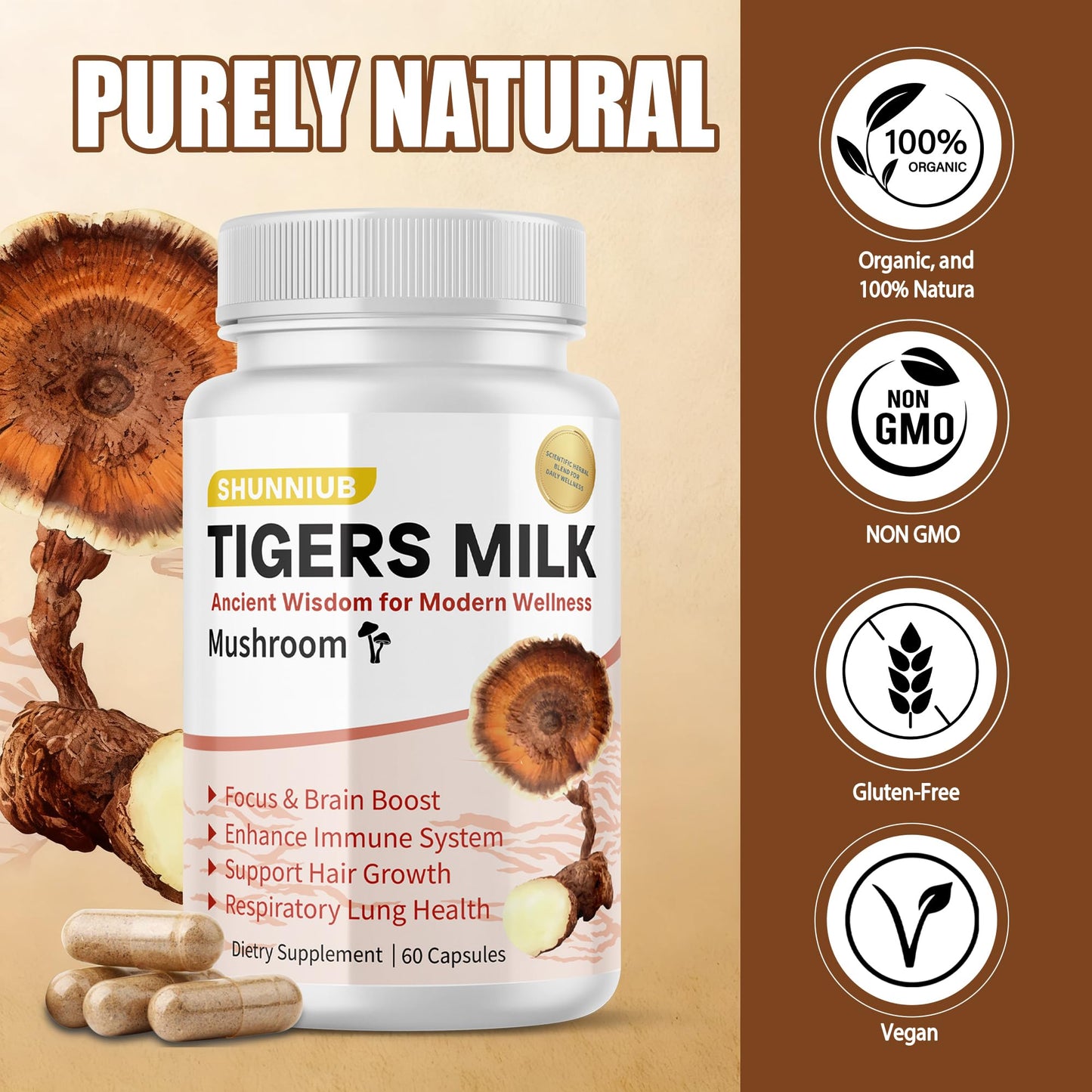 SHUNNIUB Tiger Milk Mushroom Supplement Capsules, 60 Capsules