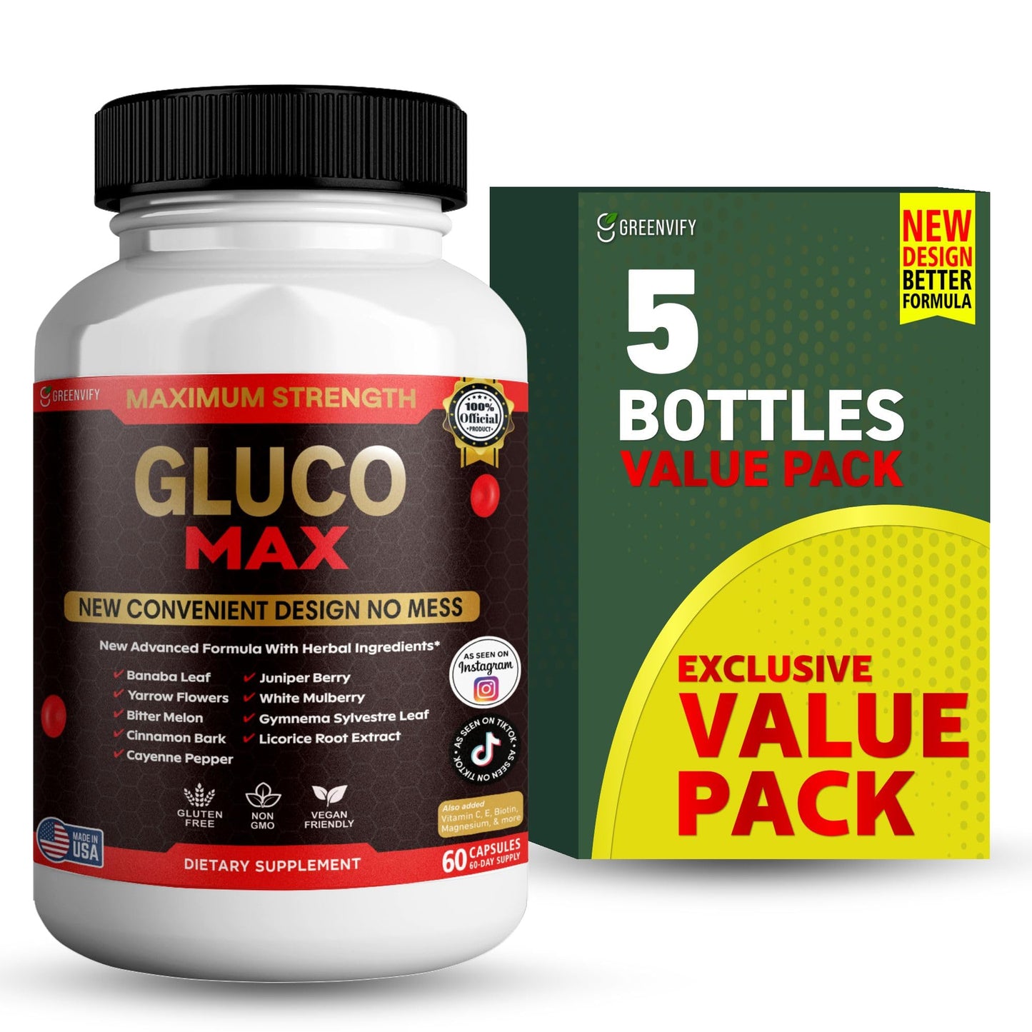 GREENVIFY Gluco Max Supplement Capsule, Maximum Strength Herbal Formula with Banaba Leaf, 60 Capsules