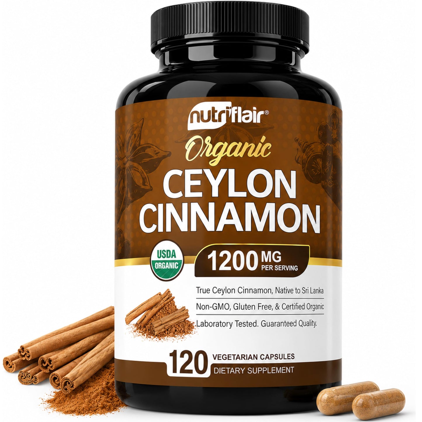 NutriFlair Organic Ceylon Cinnamon Supplement 1200mg Capsules 120 Count